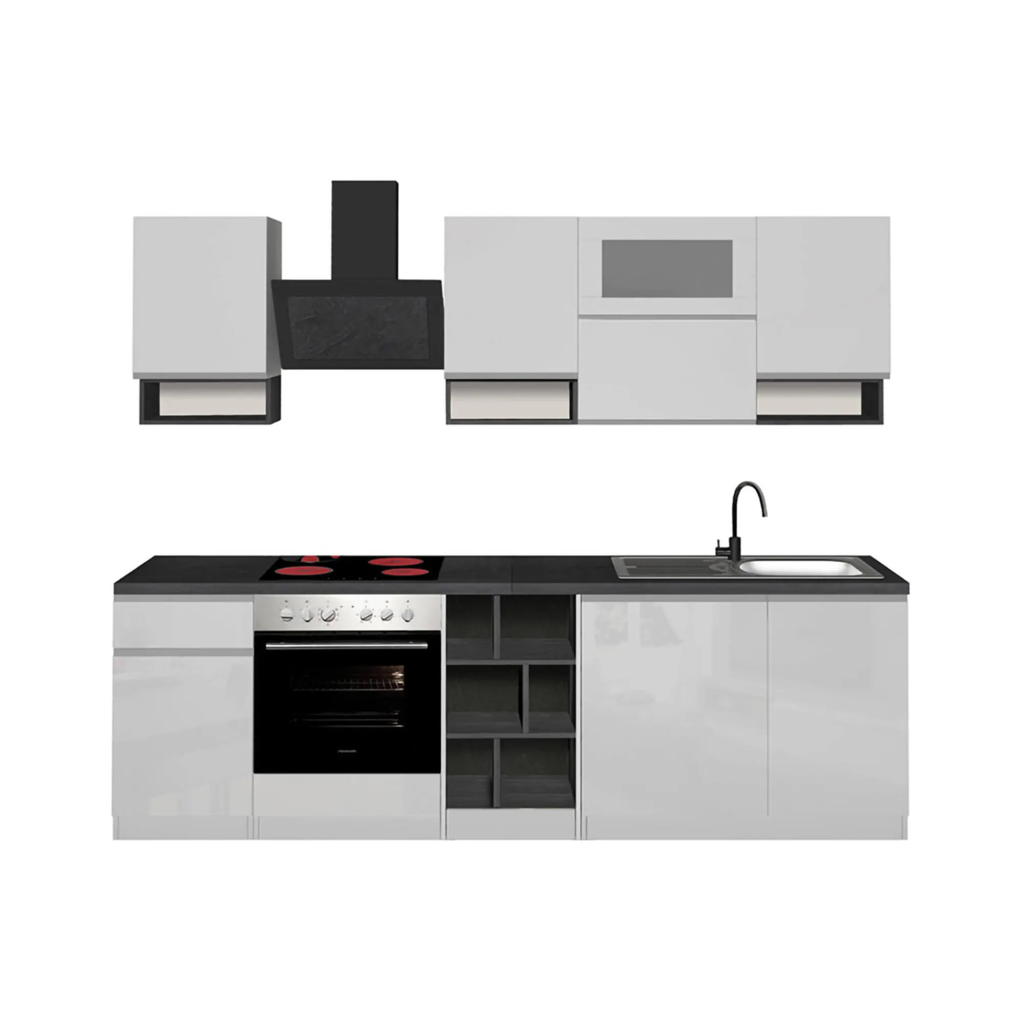 Cucina completa Attiko, 255x60h85 cm, Bianco lucido e Ardesia<Dmora Best Sale