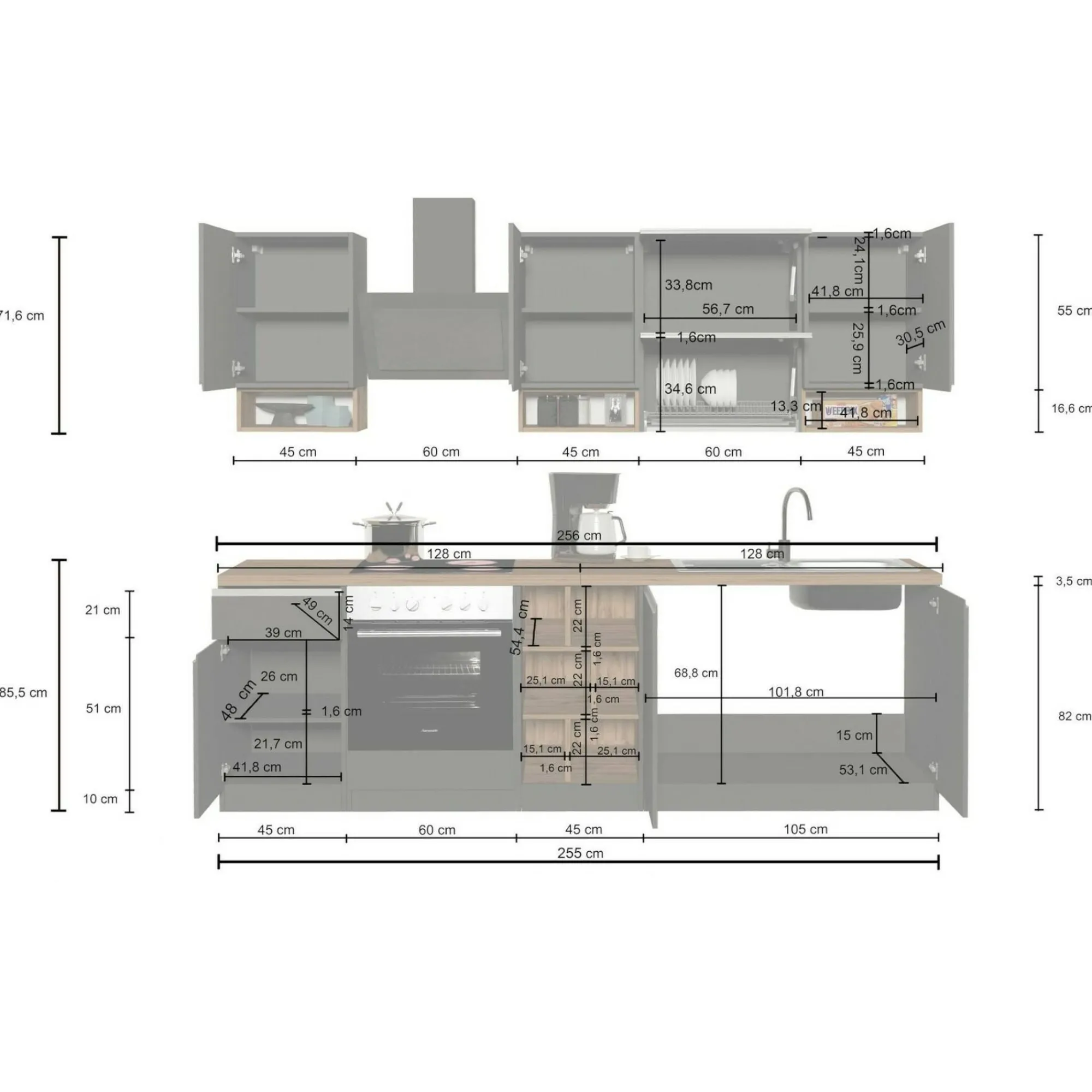 Cucina completa Attiko, 255x60h85 cm, Antracite e Ardesia<Dmora Fashion