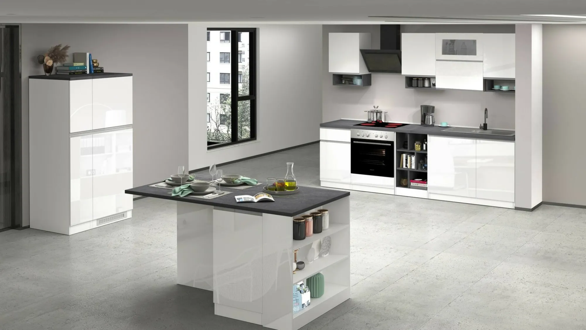 Cucina completa Attiko, 255x60h85 cm, Bianco lucido e Ardesia<Dmora Best Sale