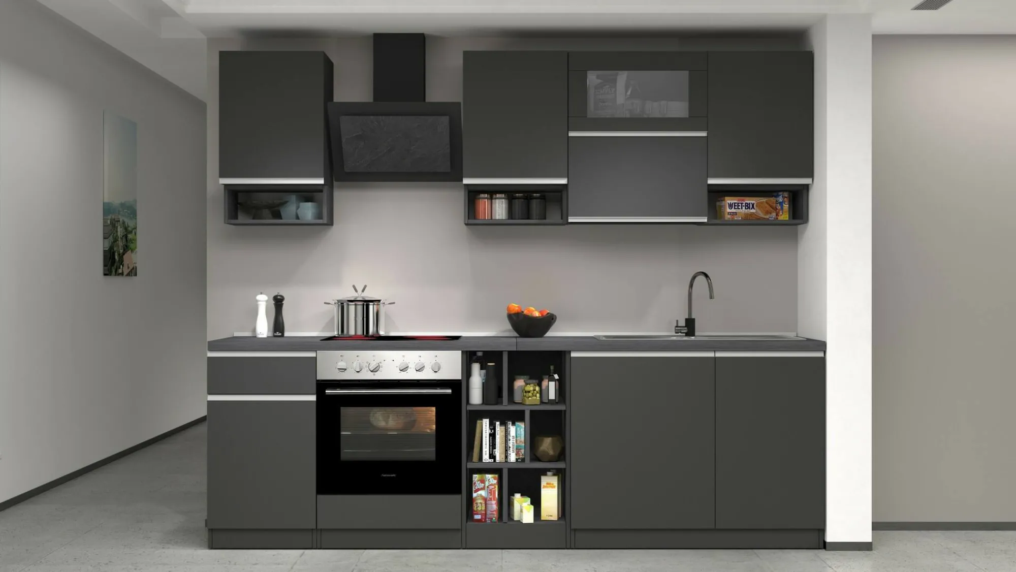 Cucina completa Attiko, 255x60h85 cm, Antracite e Ardesia<Dmora Fashion