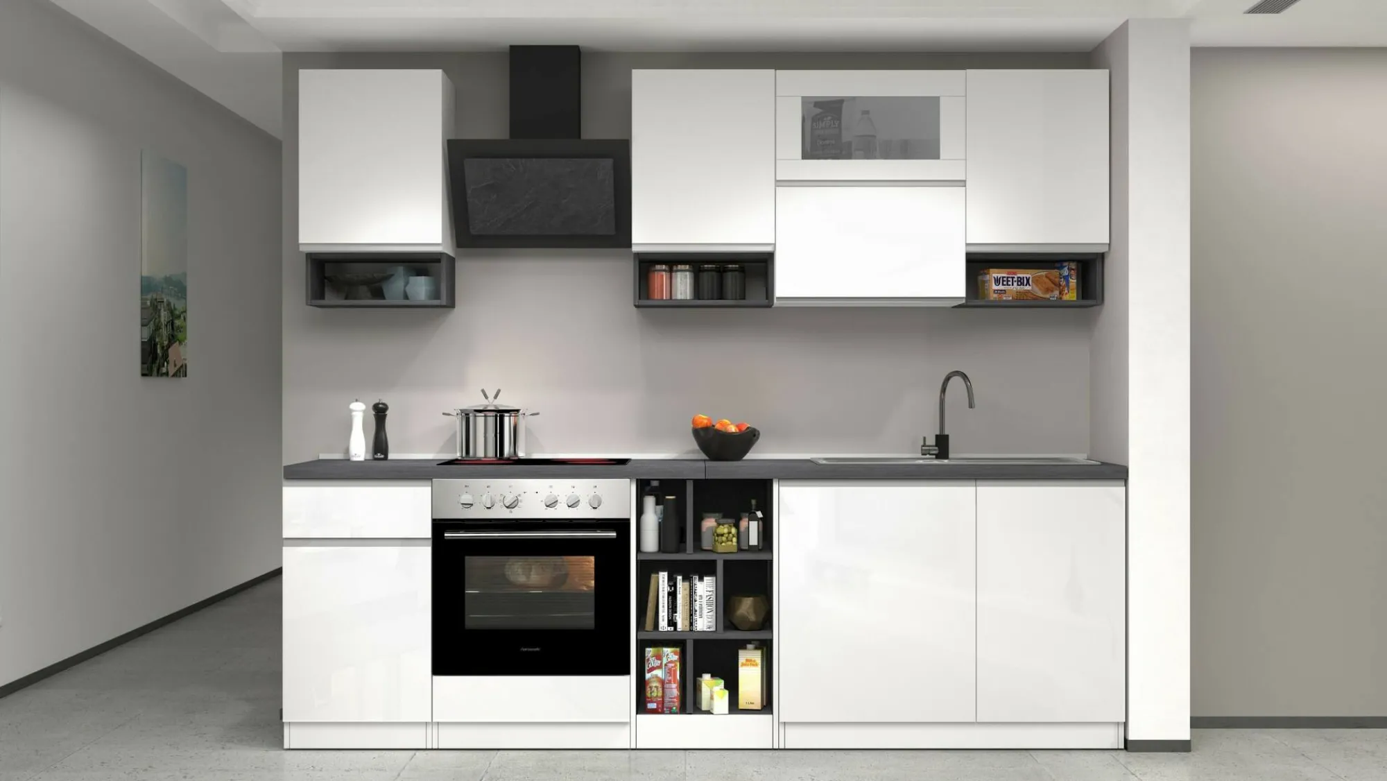 Cucina completa Attiko, 255x60h85 cm, Bianco lucido e Ardesia<Dmora Best Sale
