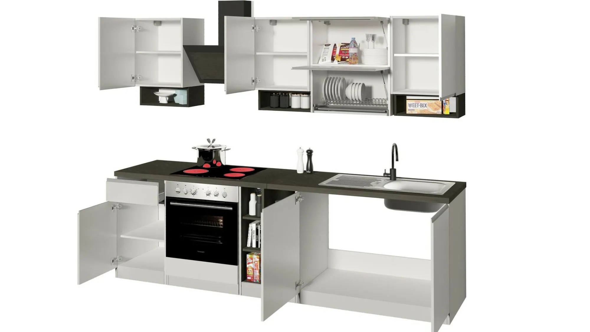 Cucina completa Attiko, 255x60h85 cm, Bianco lucido e Ardesia<Dmora Best Sale