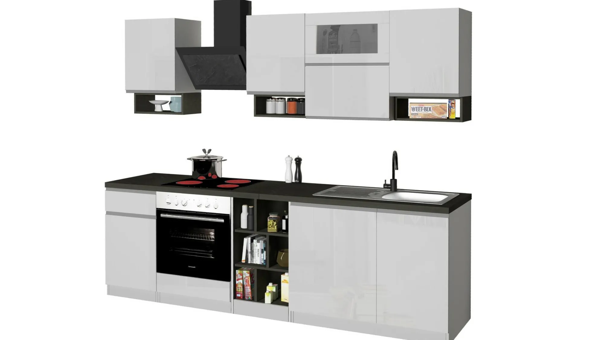 Cucina completa Attiko, 255x60h85 cm, Bianco lucido e Ardesia<Dmora Best Sale