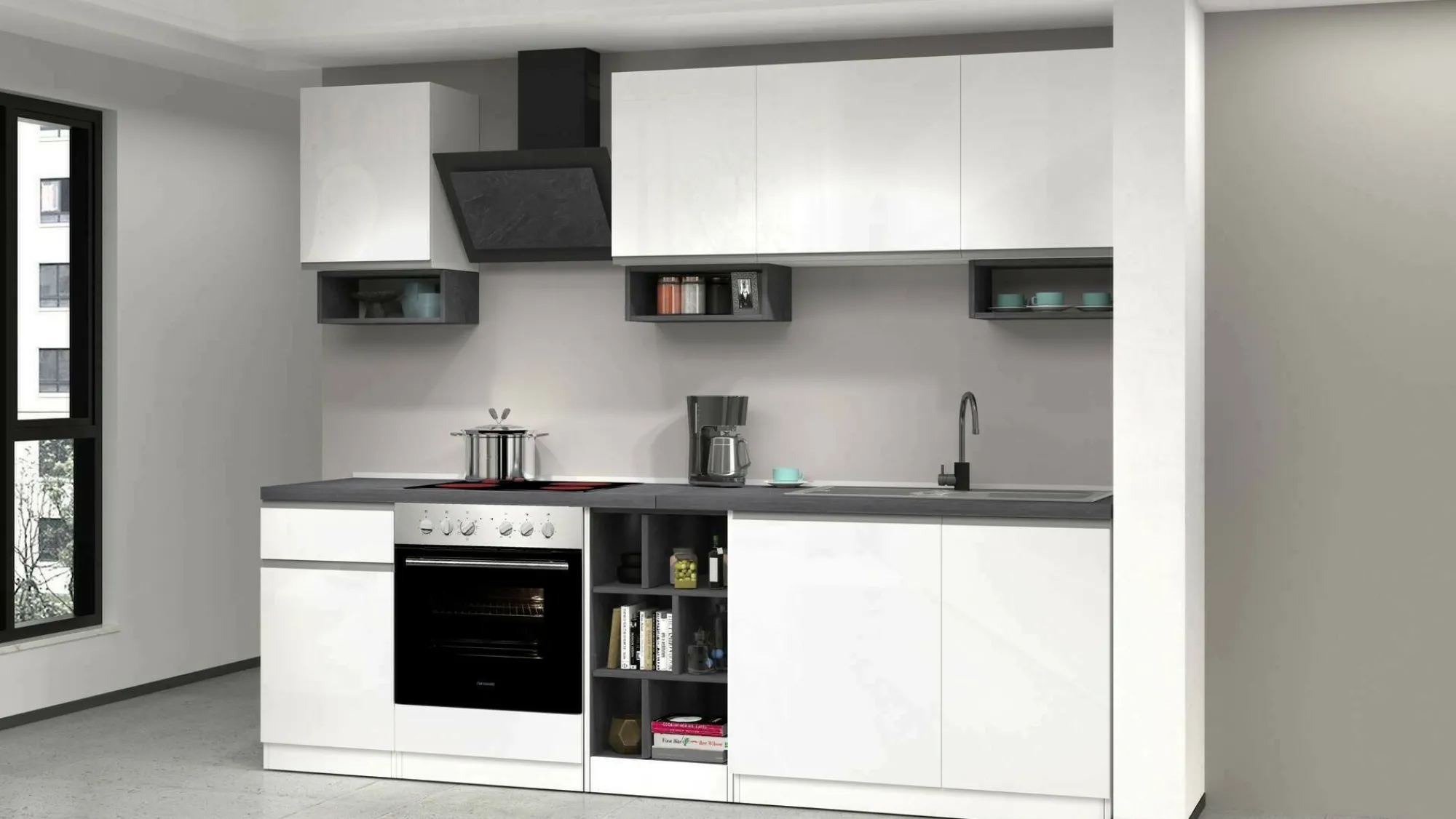 Cucina completa Attimis, 255x60h85 cm, Bianco lucido e Ardesia<Dmora Cheap