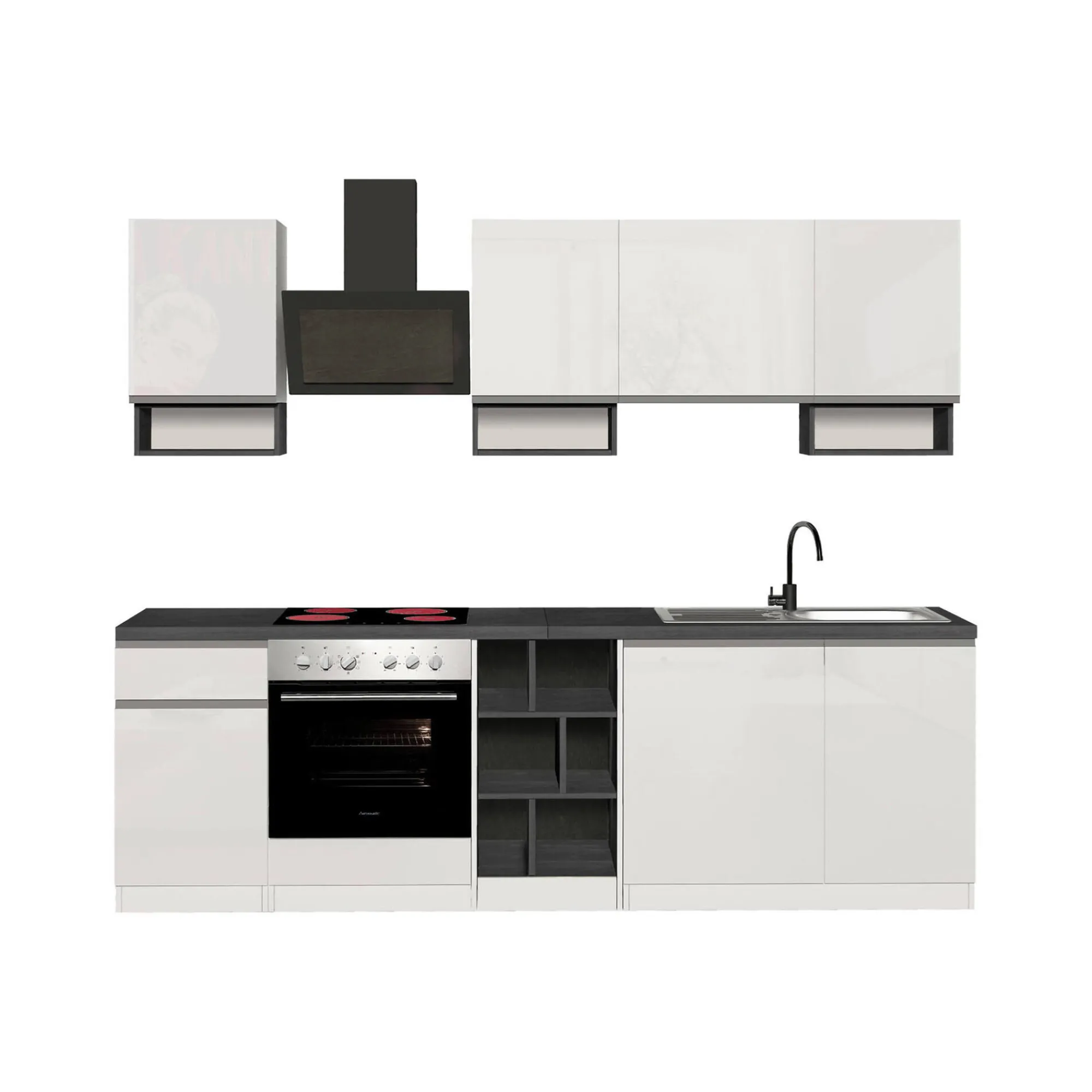 Cucina completa Attimis, 255x60h85 cm, Bianco lucido e Ardesia<Dmora Cheap