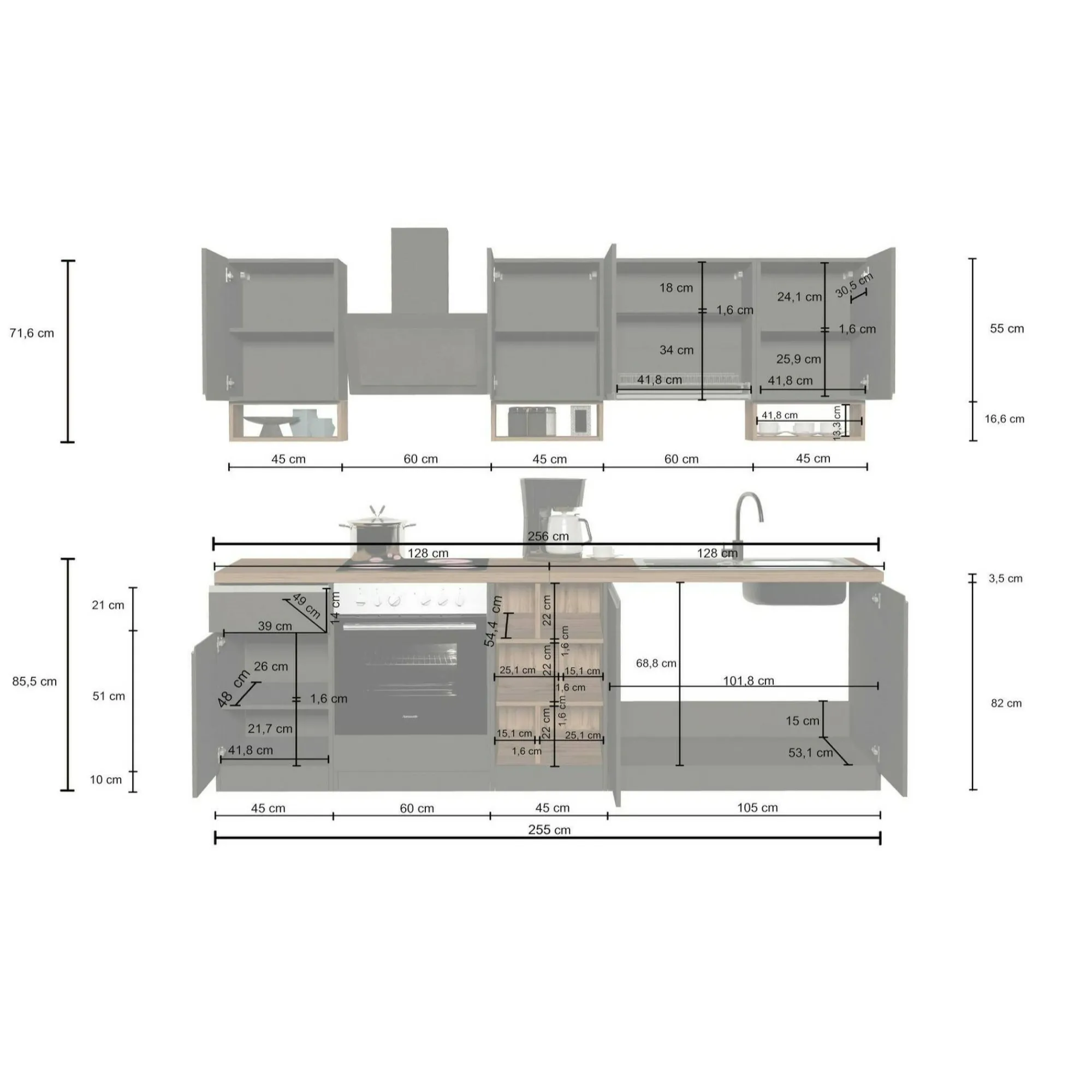 Cucina completa Attimis, 255x60h85 cm, Bianco lucido e Rovere<Dmora Flash Sale