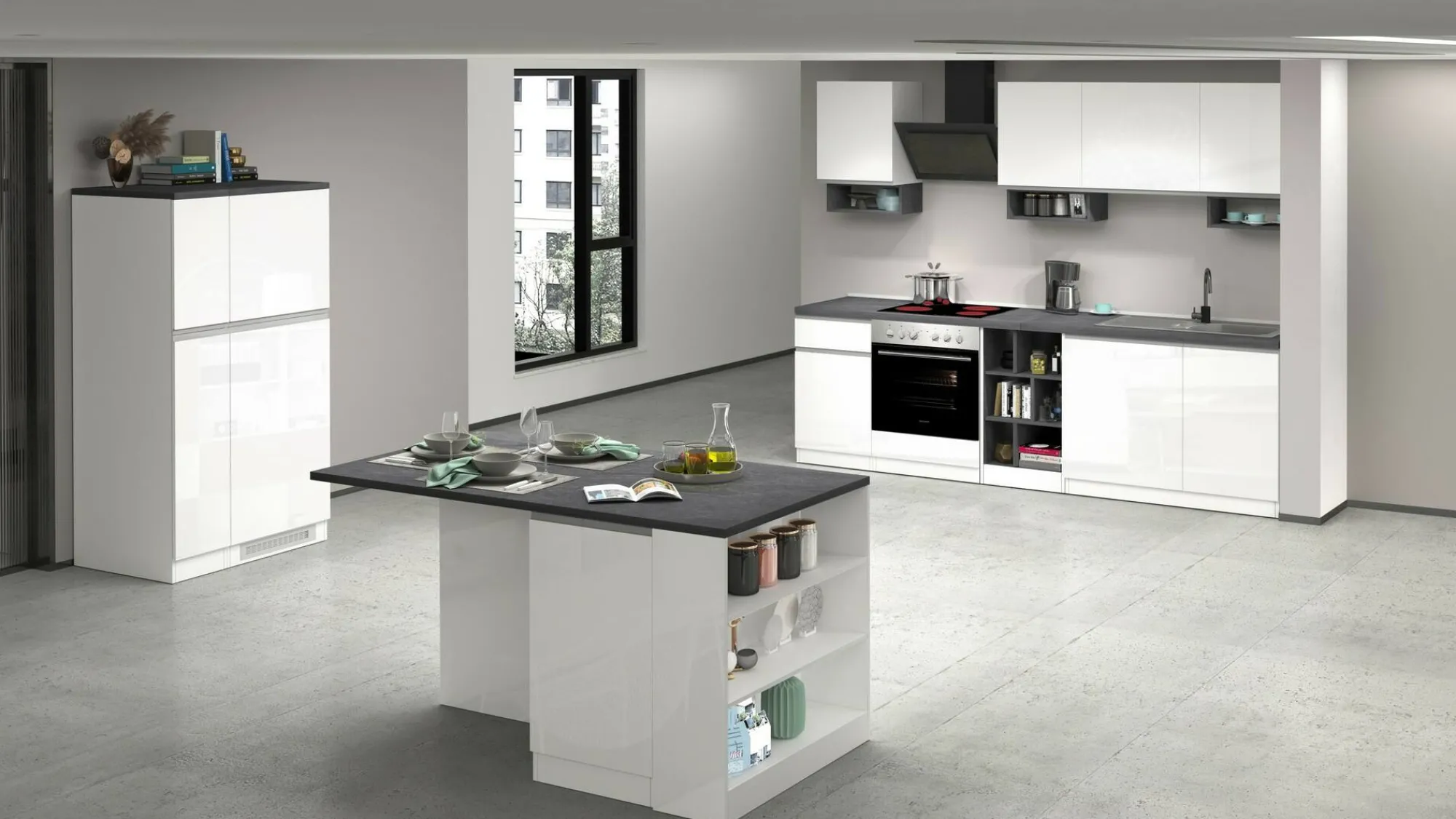 Cucina completa Attimis, 255x60h85 cm, Bianco lucido e Ardesia<Dmora Cheap
