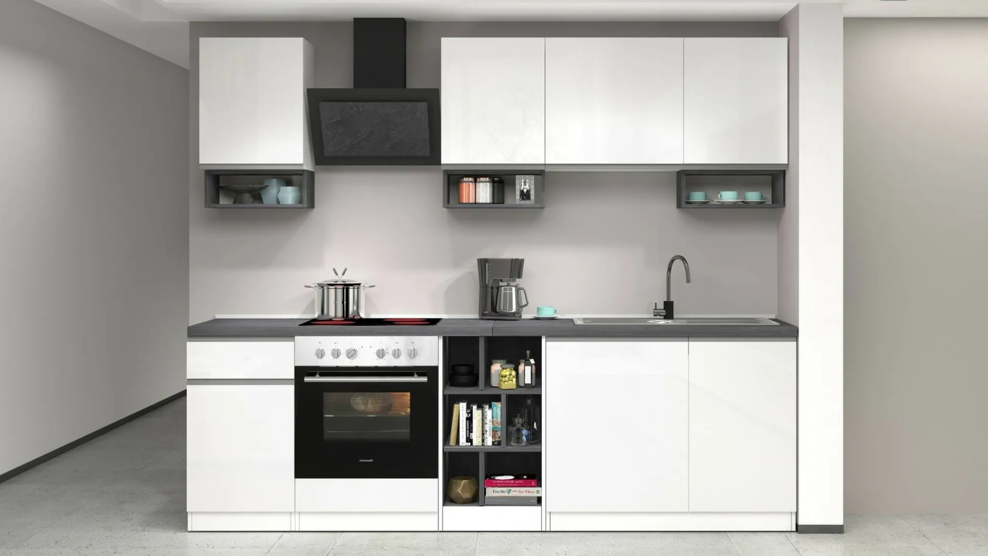 Cucina completa Attimis, 255x60h85 cm, Bianco lucido e Ardesia<Dmora Cheap