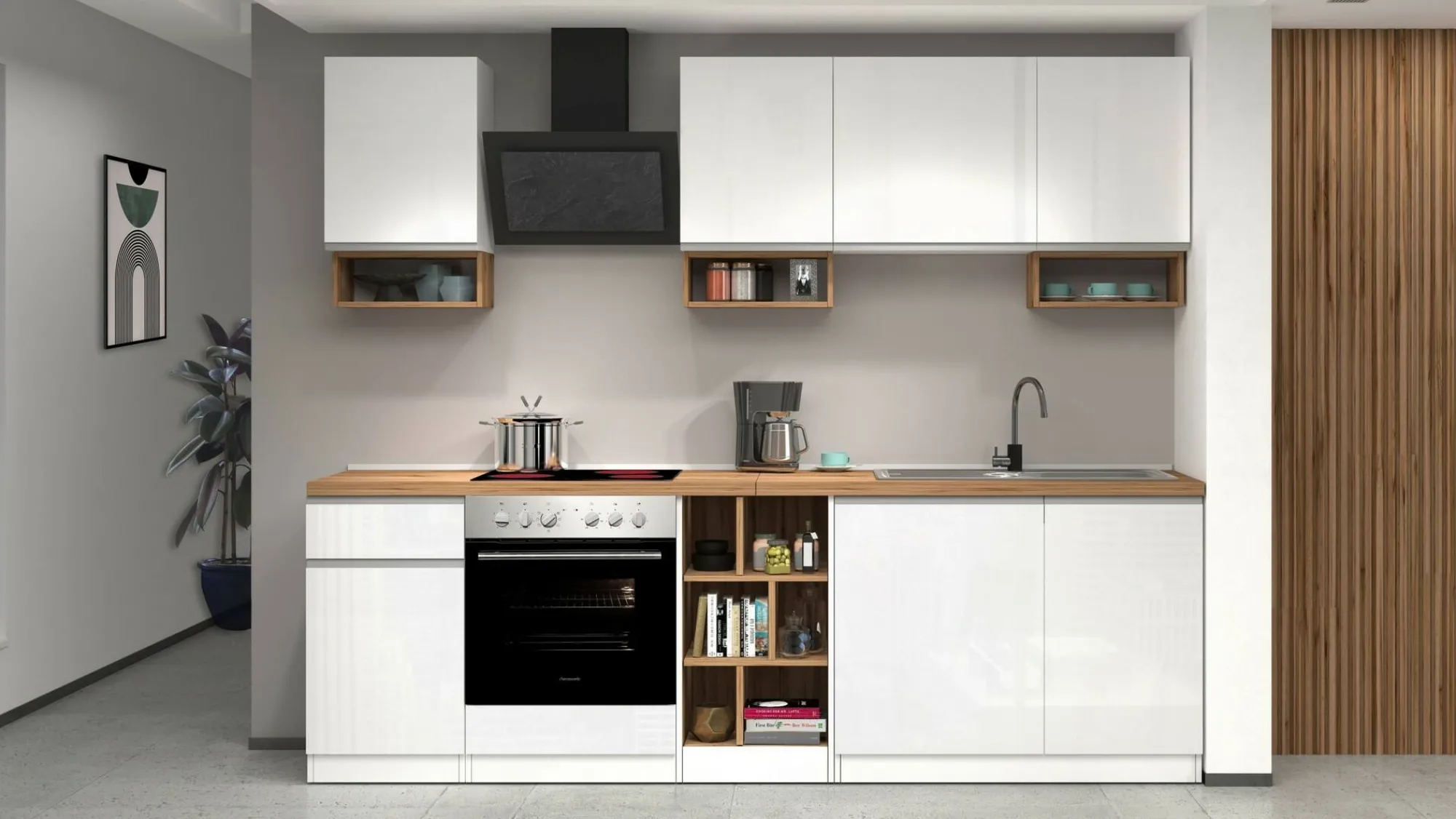 Cucina completa Attimis, 255x60h85 cm, Bianco lucido e Rovere<Dmora Flash Sale