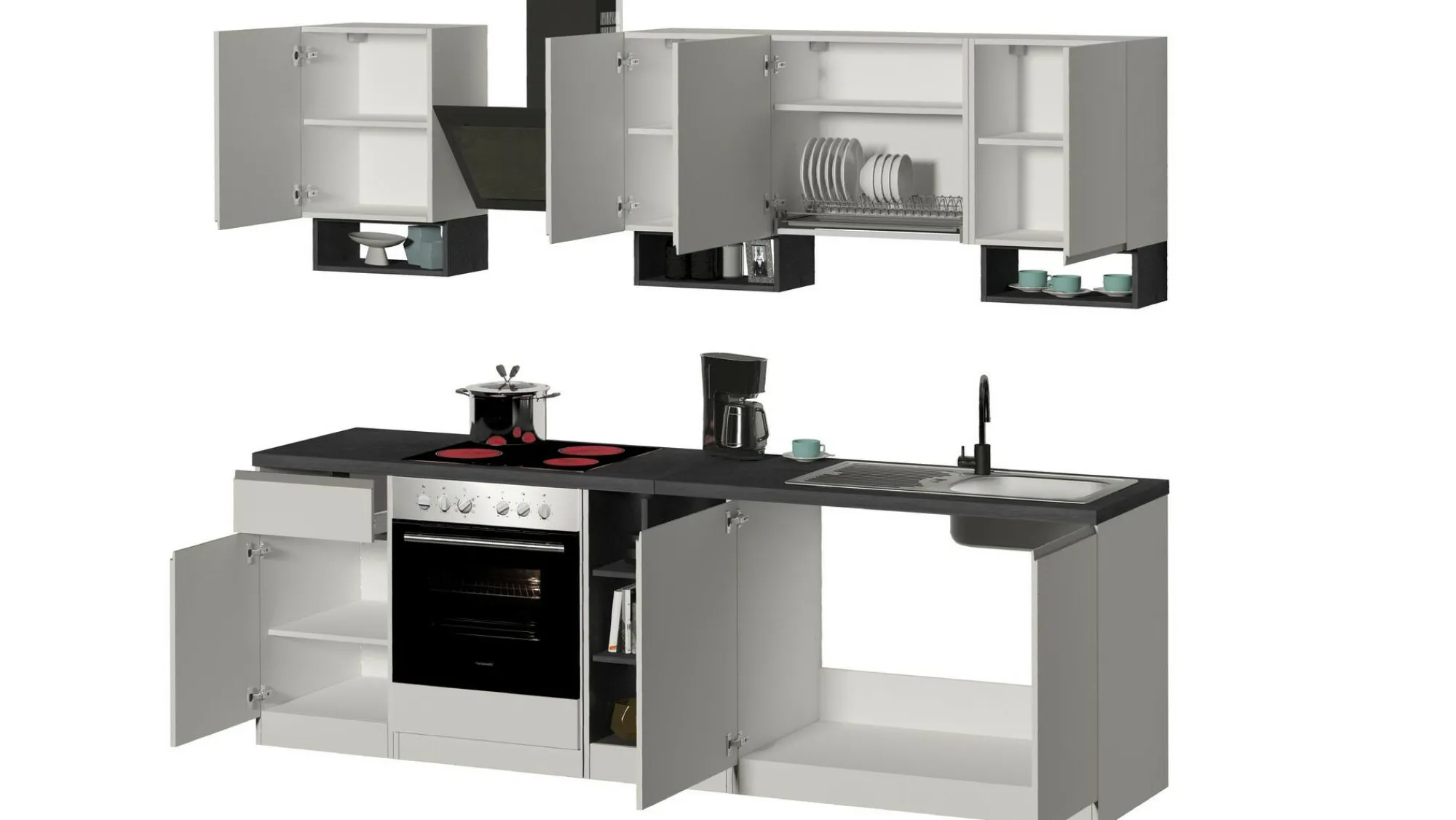 Cucina completa Attimis, 255x60h85 cm, Bianco lucido e Ardesia<Dmora Cheap