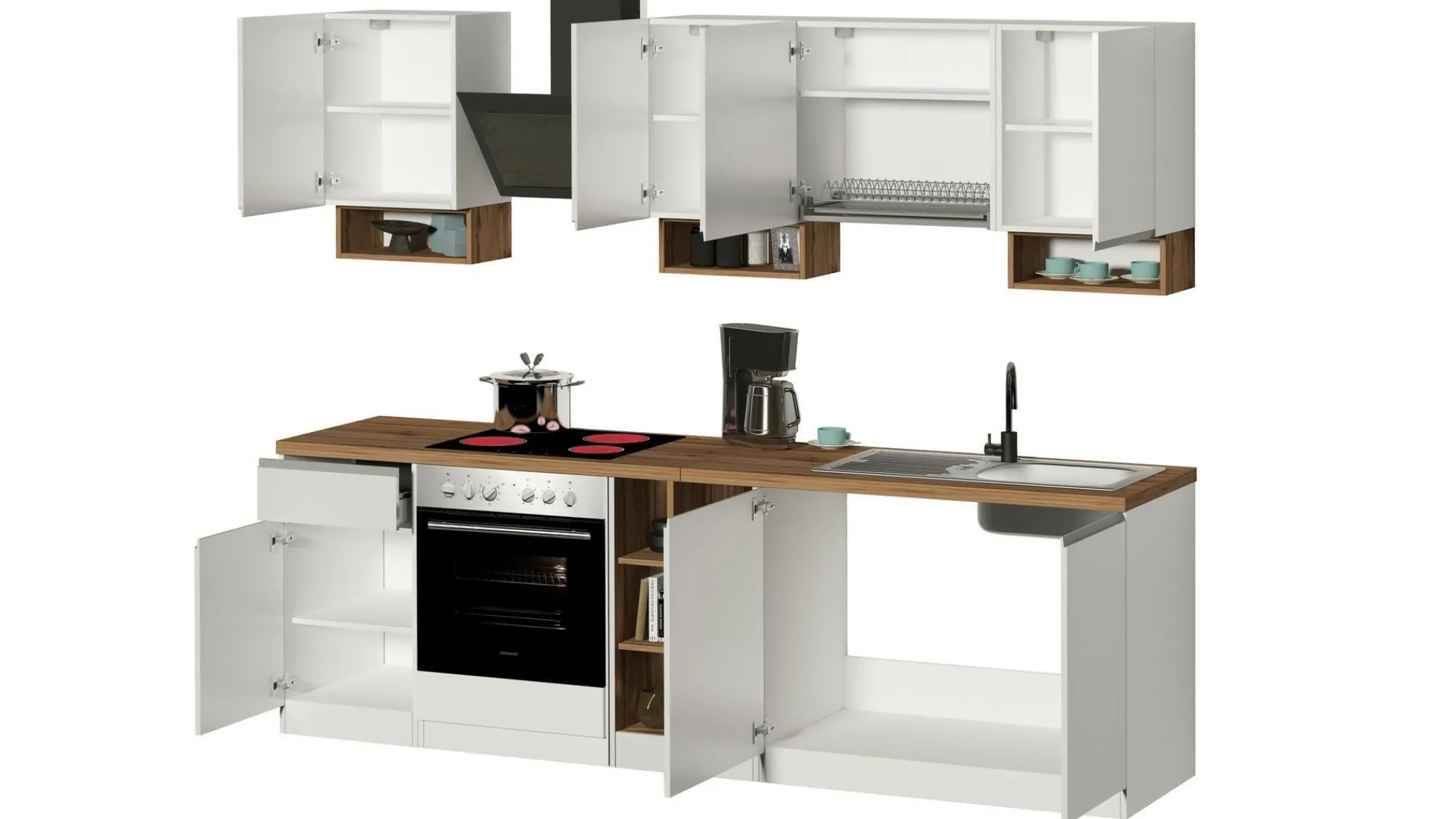 Cucina completa Attimis, 255x60h85 cm, Bianco lucido e Rovere<Dmora Flash Sale