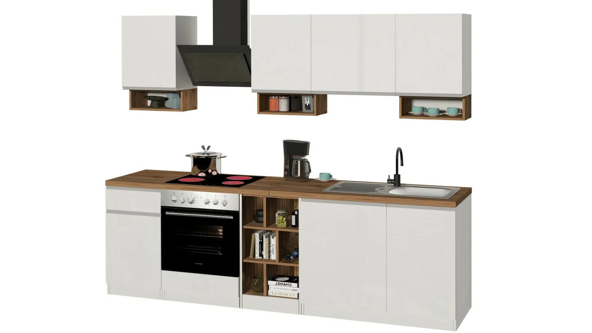 Cucina completa Attimis, 255x60h85 cm, Bianco lucido e Rovere<Dmora Flash Sale