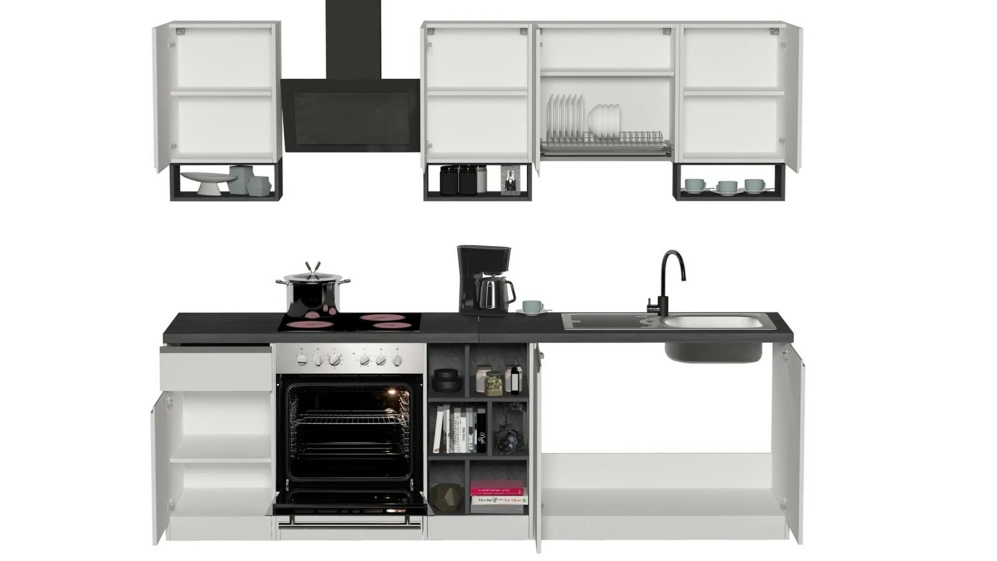 Cucina completa Attimis, 255x60h85 cm, Bianco lucido e Ardesia<Dmora Cheap