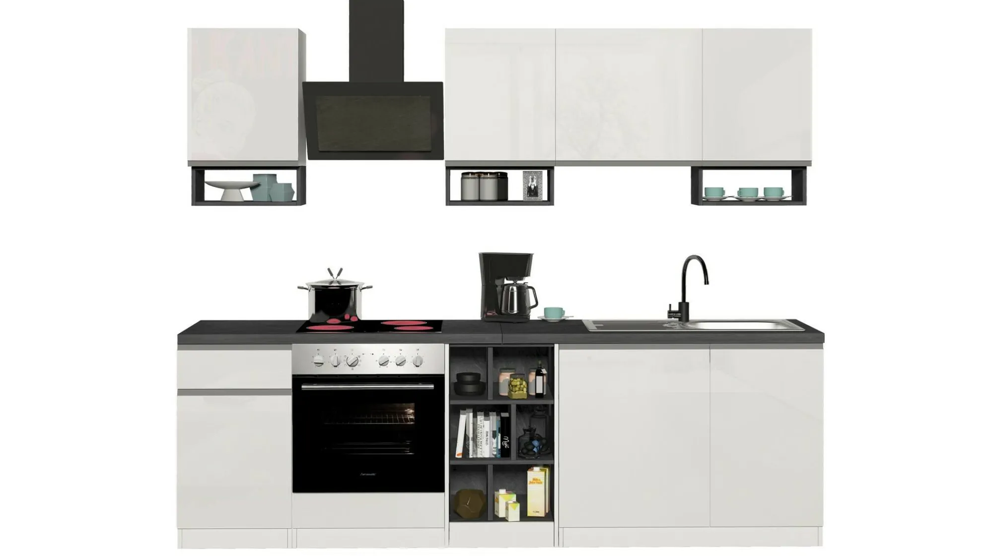 Cucina completa Attimis, 255x60h85 cm, Bianco lucido e Ardesia<Dmora Cheap