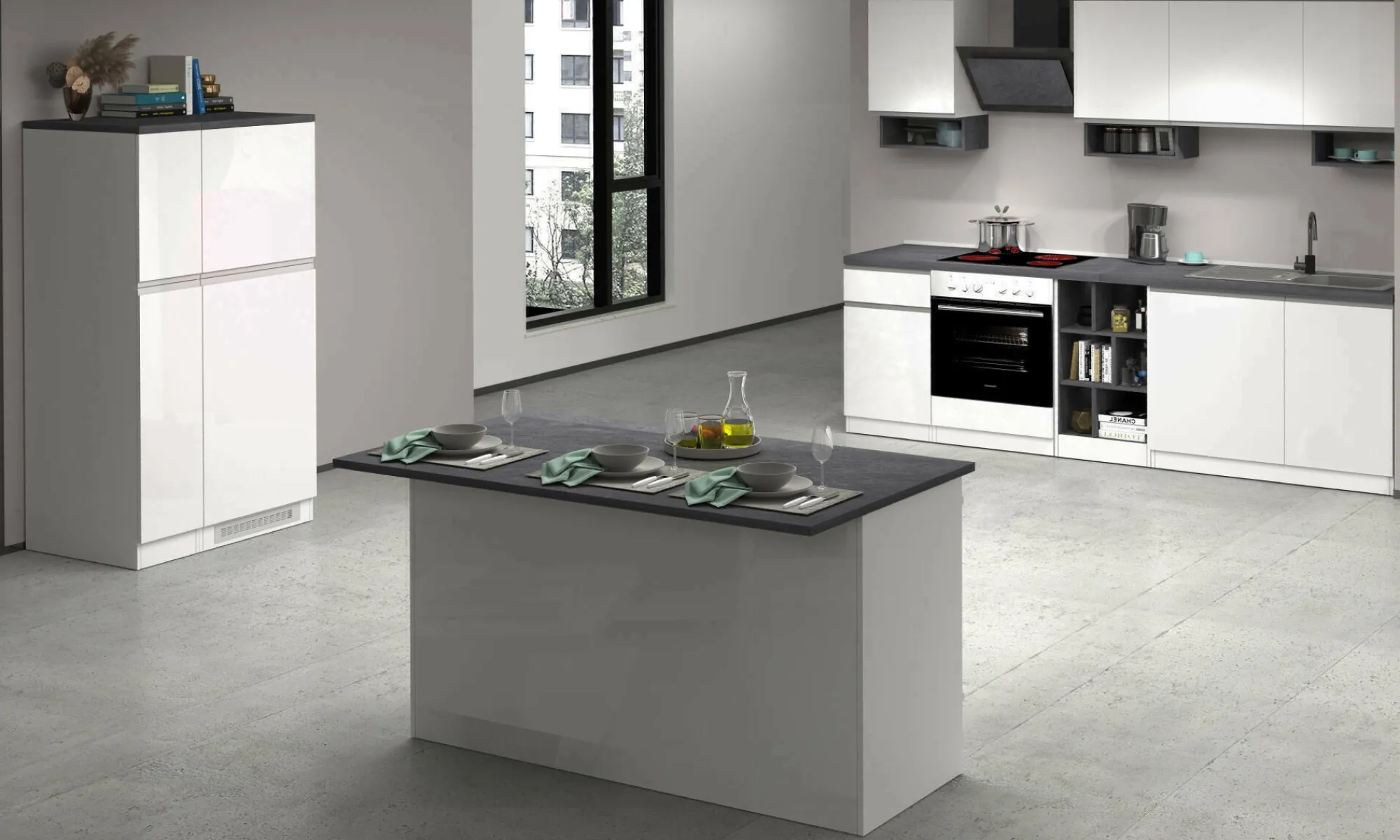 Cucina completa Balme, 100% Made in Italy, Bianco lucido e Ardesia<Dmora Store