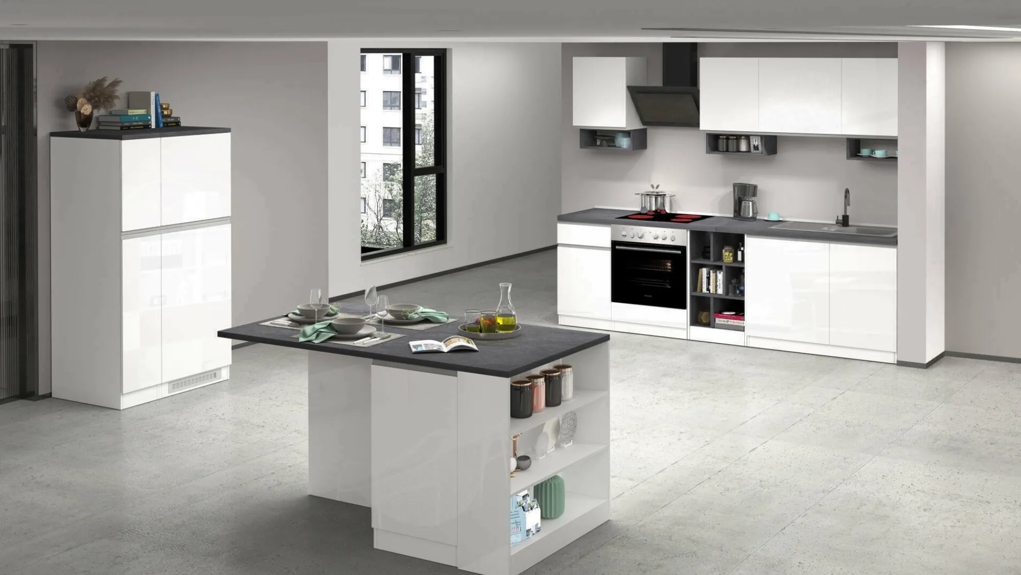 Cucina completa Dantenucc, 100% Made in Italy, Bianco lucido e Ardesia<Dmora Cheap