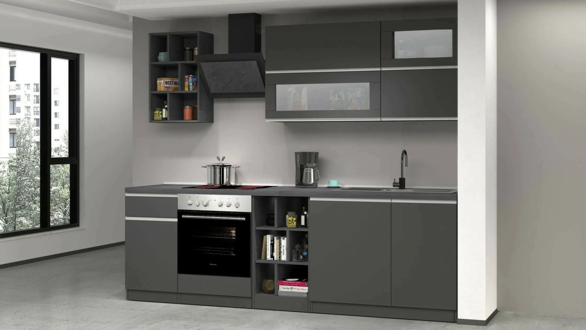 Cucina completa Fonti, 255x60h85 cm, Antracite e Ardesia<Dmora Sale
