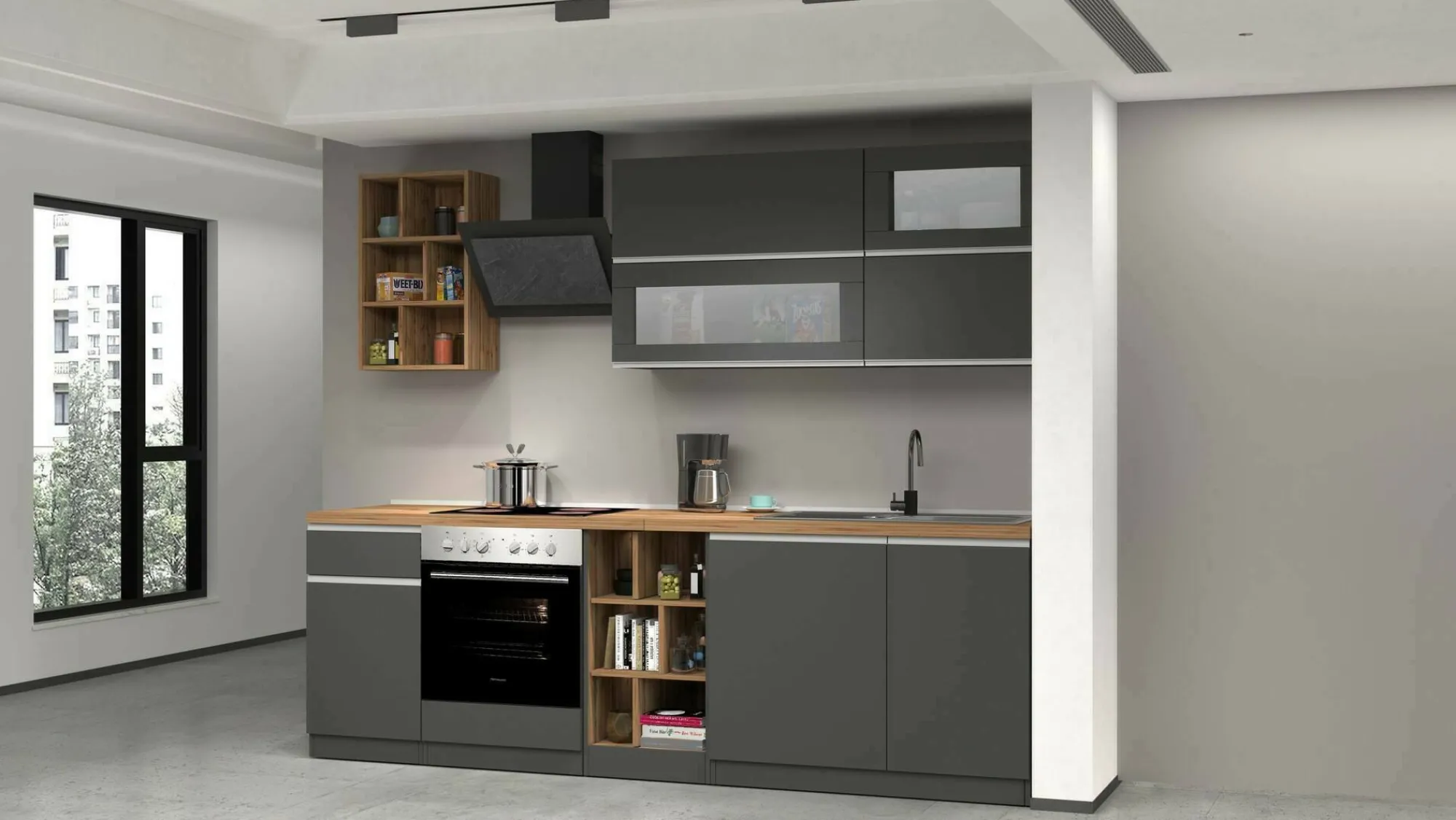 Cucina completa Fonti, 255x60h85 cm, Antracite e Rovere<Dmora Store