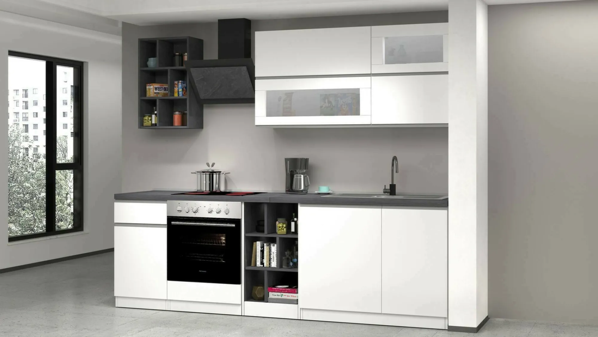 Cucina completa Fonti, 255x60h85 cm, Bianco lucido e Ardesia<Dmora Flash Sale