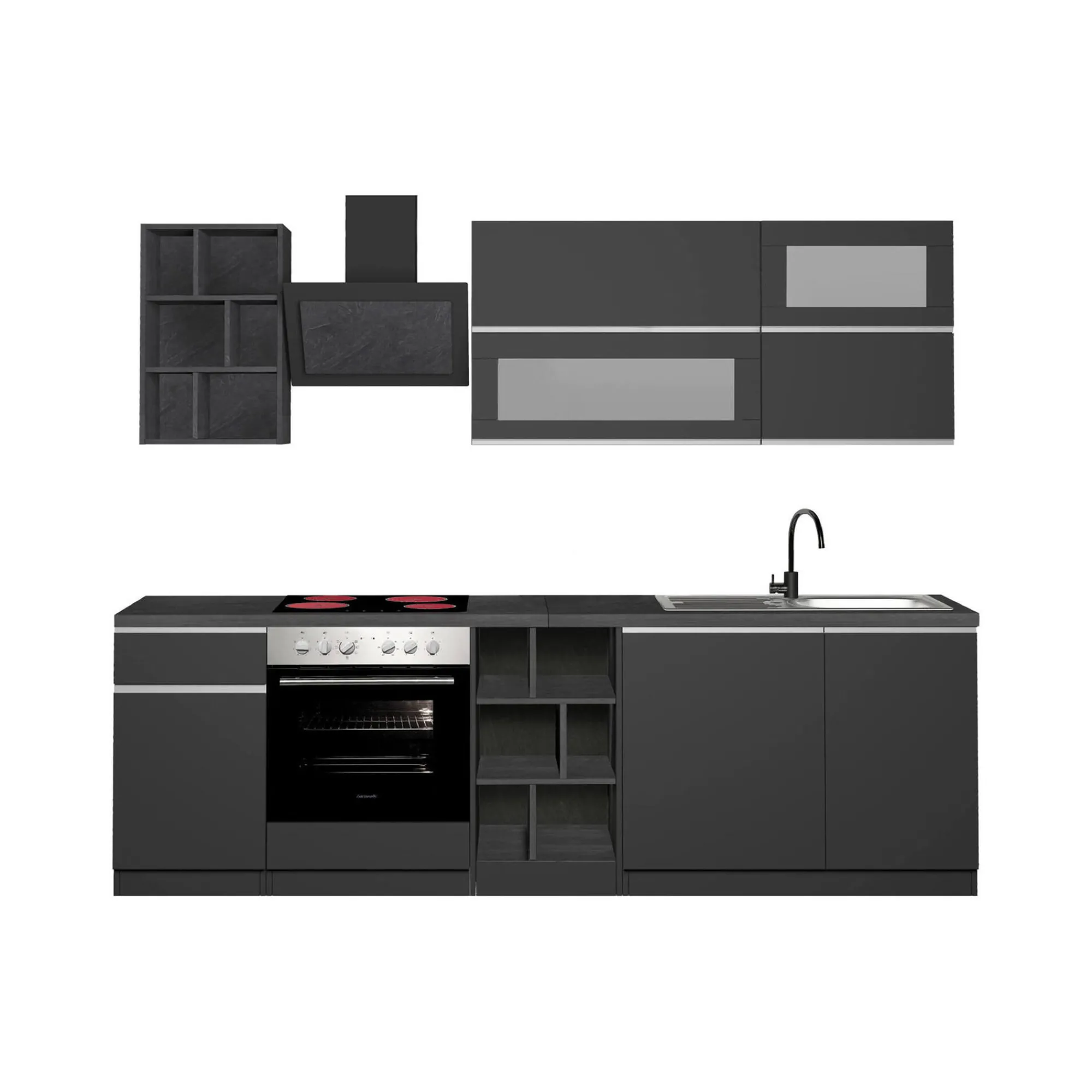 Cucina completa Fonti, 255x60h85 cm, Antracite e Ardesia<Dmora Sale