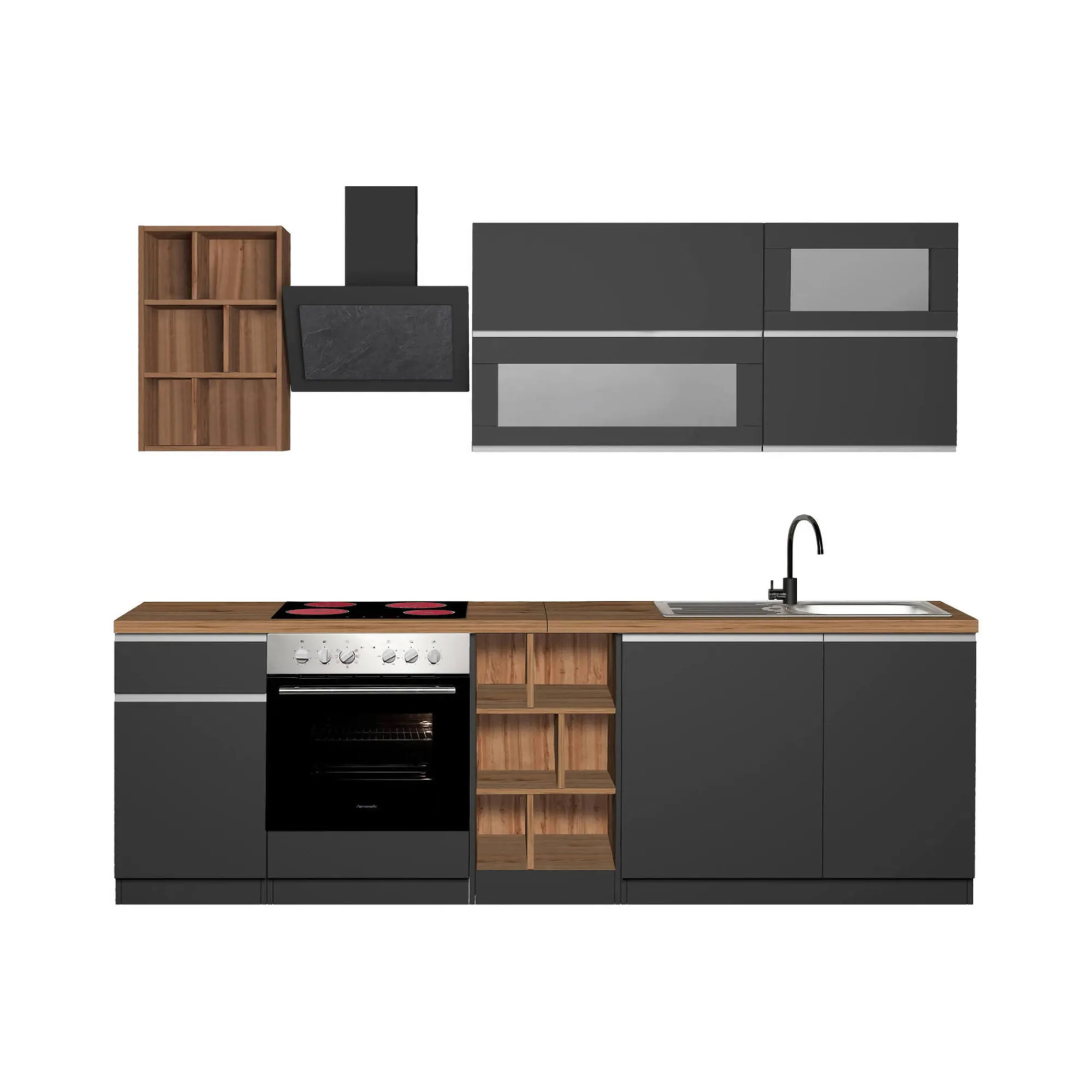 Cucina completa Fonti, 255x60h85 cm, Antracite e Rovere<Dmora Store