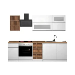 Cucina completa Fonti, 255x60h85 cm, Bianco lucido e Rovere<Dmora Sale