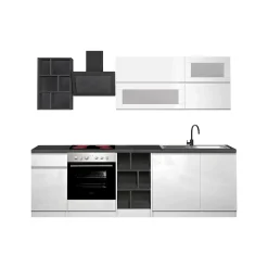 Cucina completa Fonti, 255x60h85 cm, Bianco lucido e Ardesia<Dmora Flash Sale