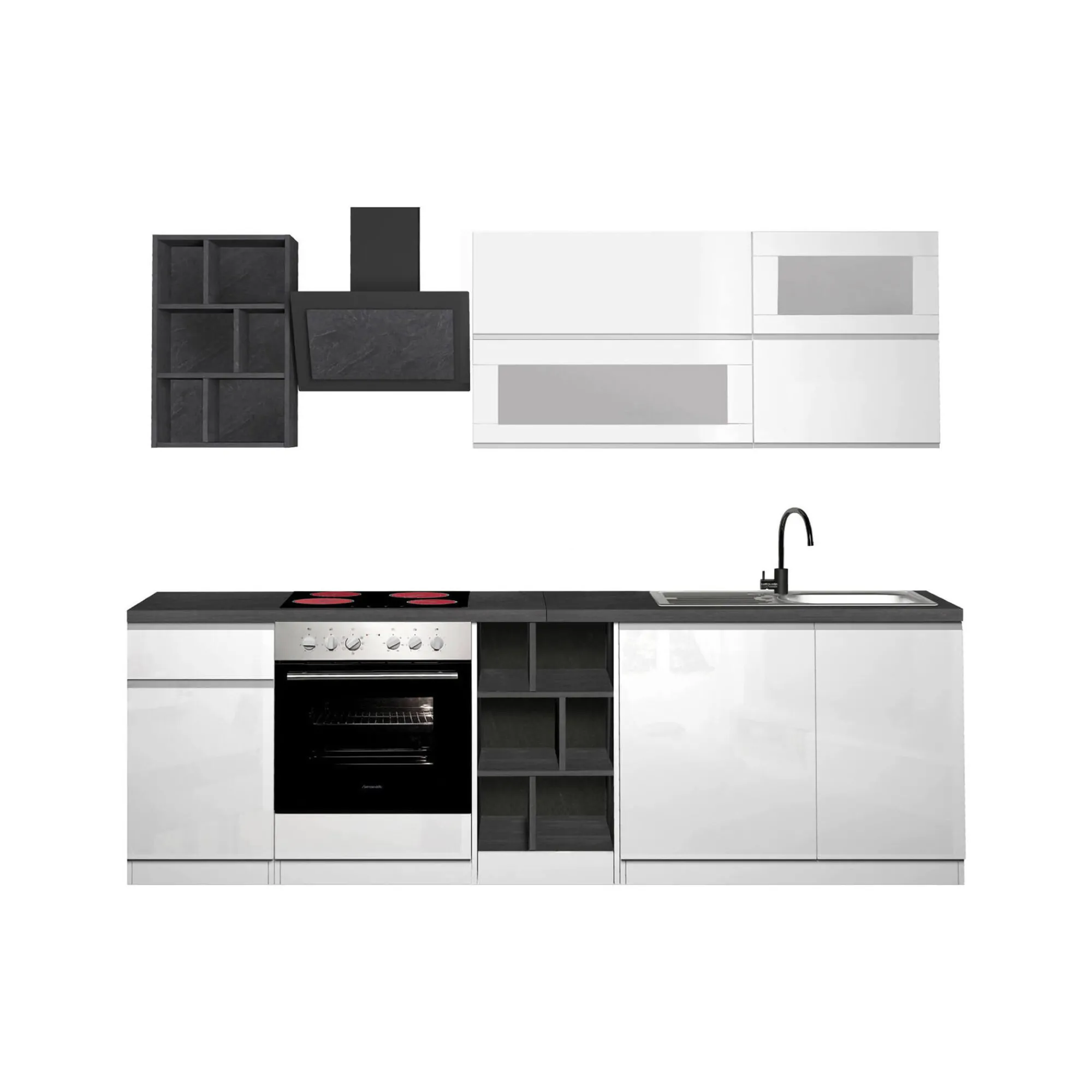 Cucina completa Fonti, 255x60h85 cm, Bianco lucido e Ardesia<Dmora Flash Sale