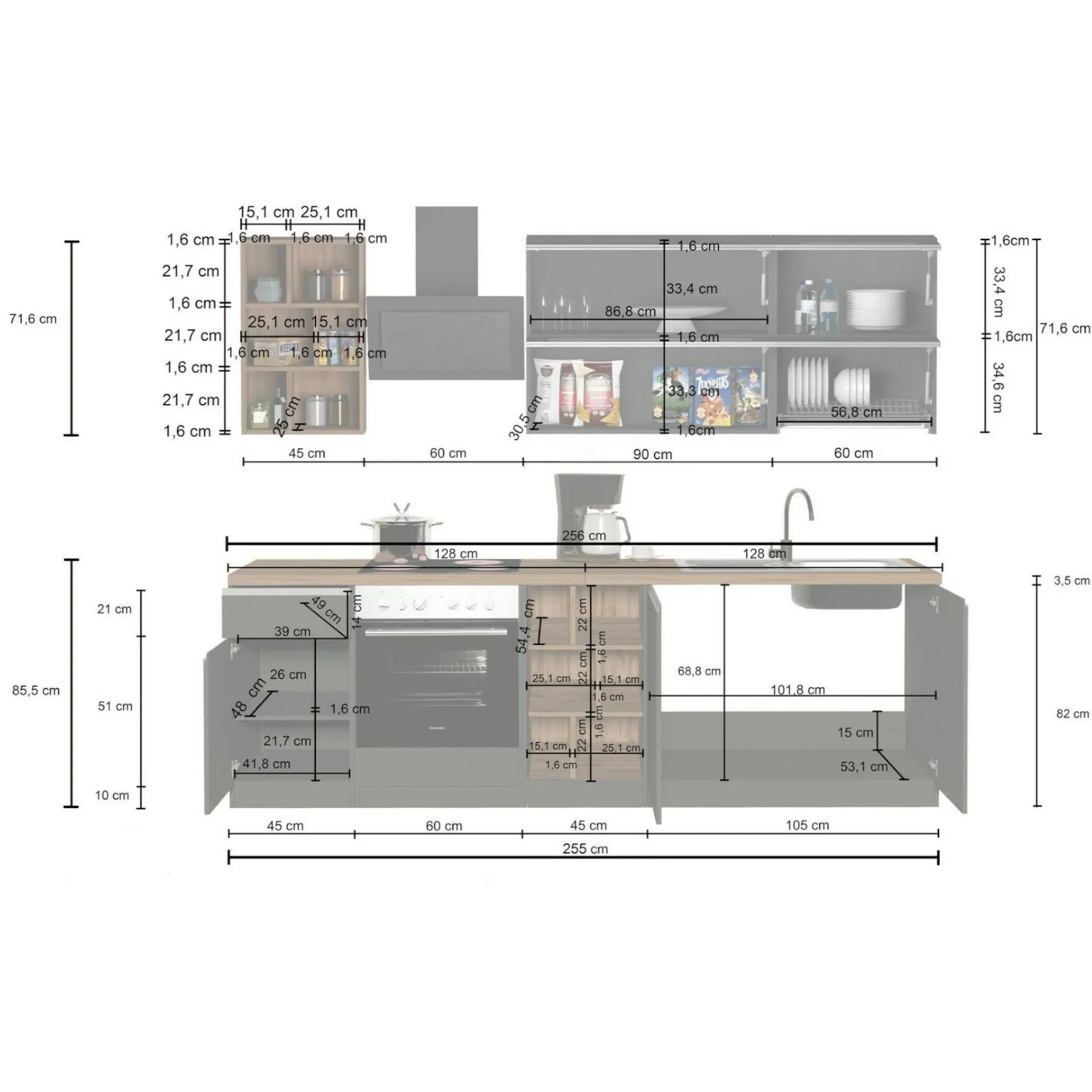 Cucina completa Fonti, 255x60h85 cm, Antracite e Ardesia<Dmora Sale