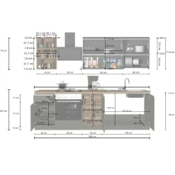 Cucina completa Fonti, 255x60h85 cm, Bianco lucido e Rovere<Dmora Sale