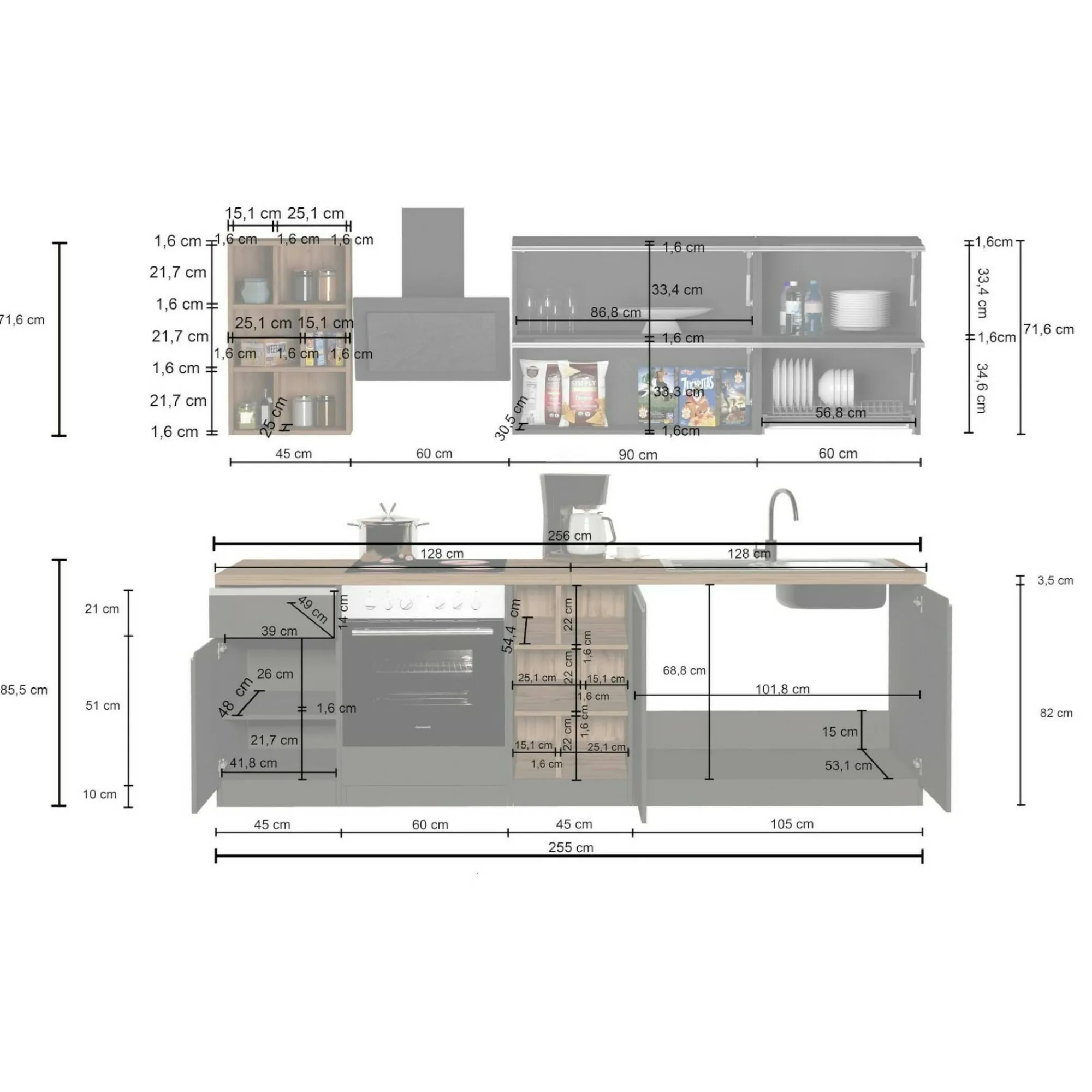 Cucina completa Fonti, 255x60h85 cm, Bianco lucido e Ardesia<Dmora Flash Sale