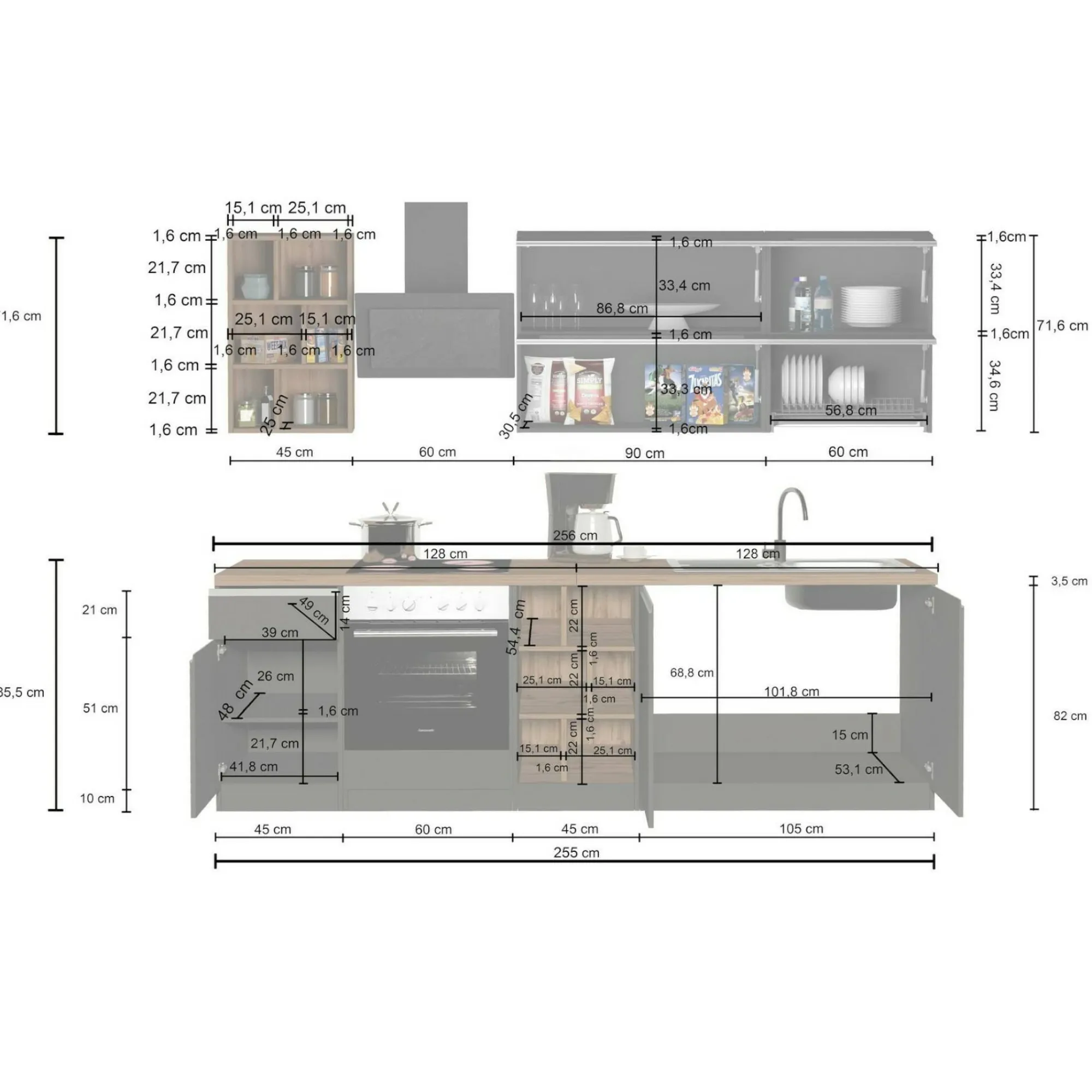 Cucina completa Fonti, 255x60h85 cm, Bianco lucido e Rovere<Dmora Sale