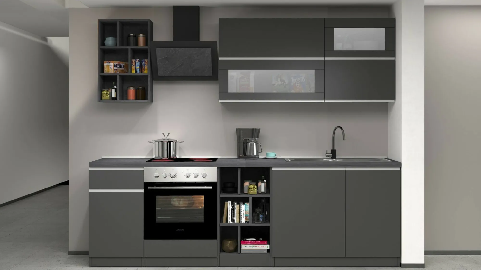 Cucina completa Fonti, 255x60h85 cm, Antracite e Ardesia<Dmora Sale