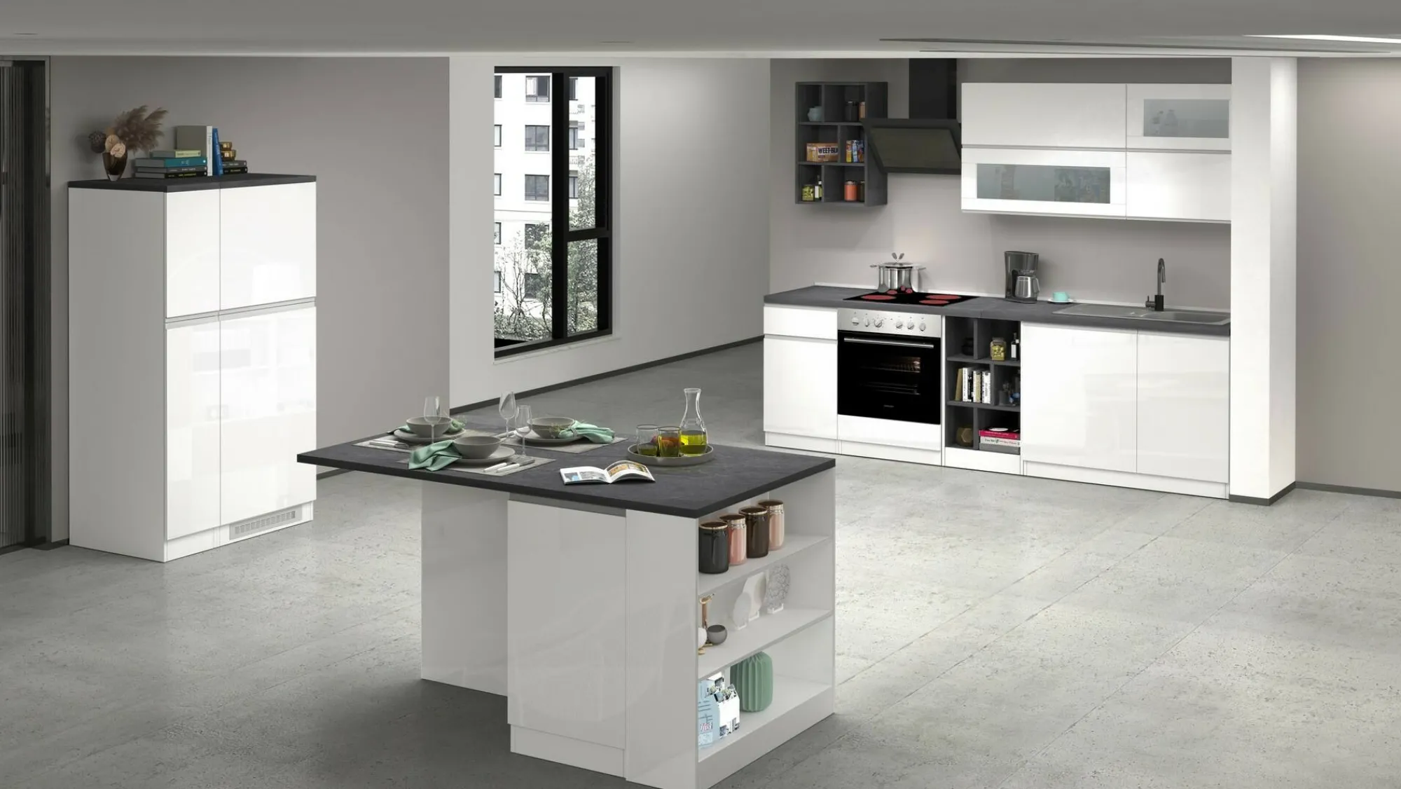 Cucina completa Fonti, 255x60h85 cm, Bianco lucido e Ardesia<Dmora Flash Sale