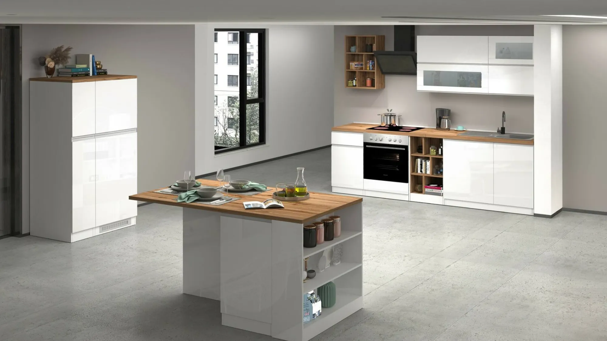 Cucina completa Fonti, 255x60h85 cm, Bianco lucido e Rovere<Dmora Sale