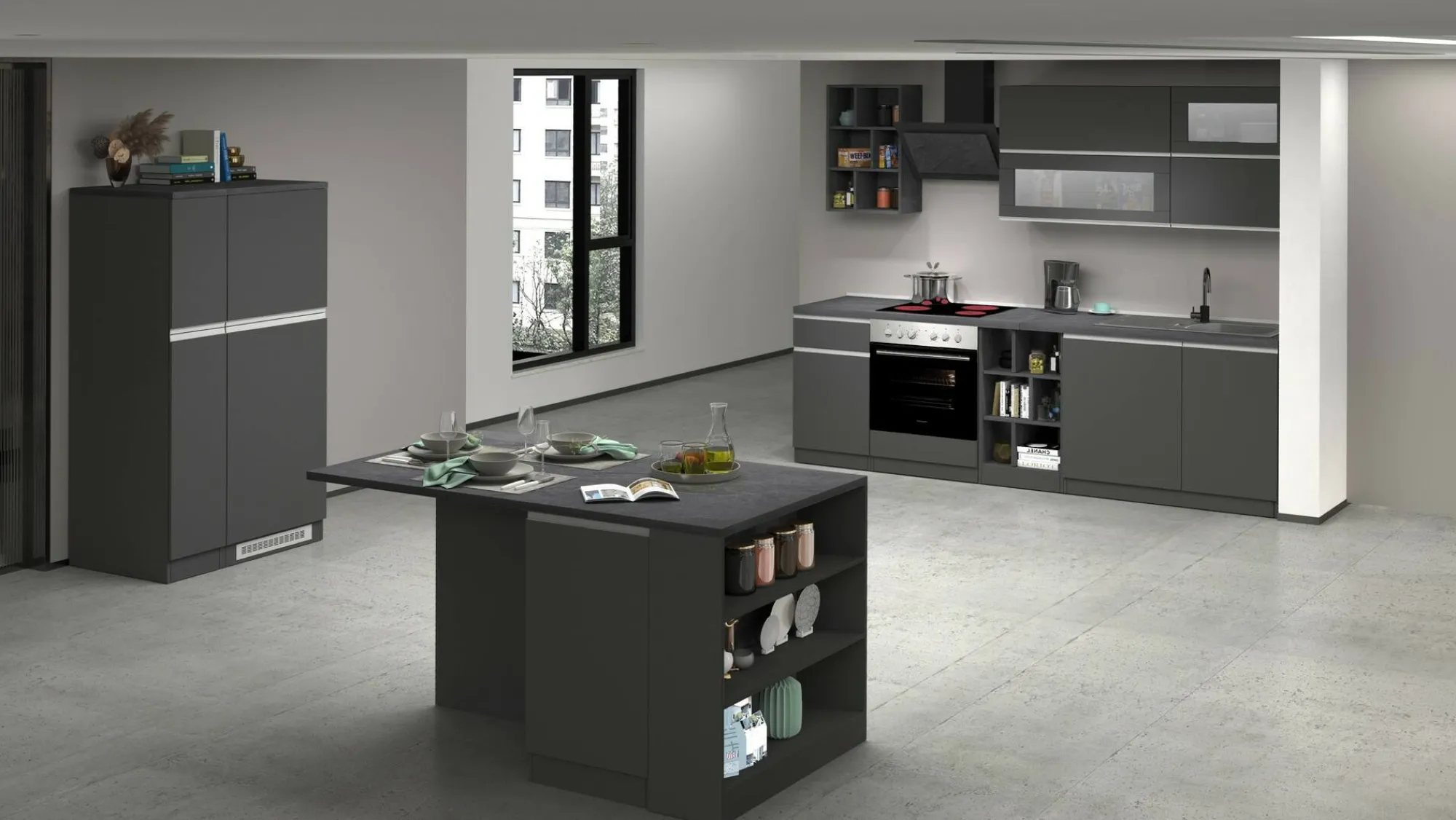 Cucina completa Fonti, 255x60h85 cm, Antracite e Ardesia<Dmora Sale