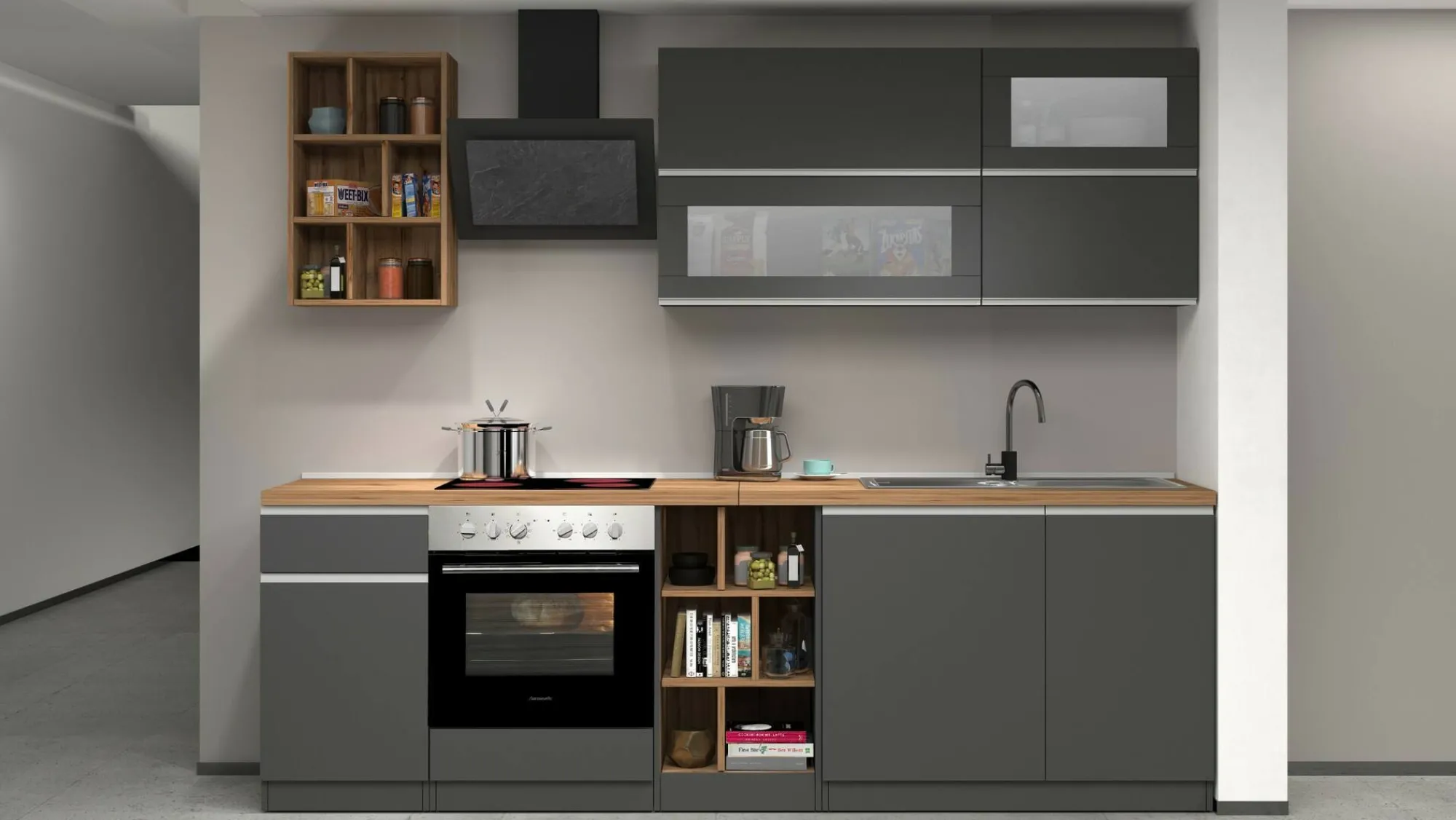 Cucina completa Fonti, 255x60h85 cm, Antracite e Rovere<Dmora Store