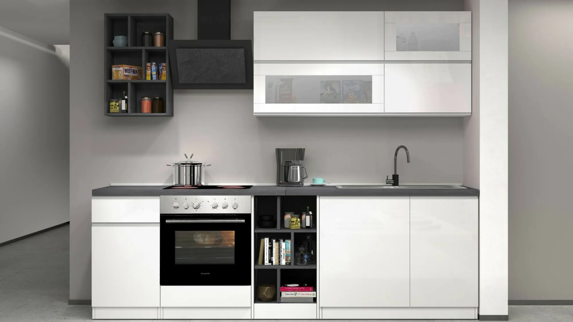 Cucina completa Fonti, 255x60h85 cm, Bianco lucido e Ardesia<Dmora Flash Sale