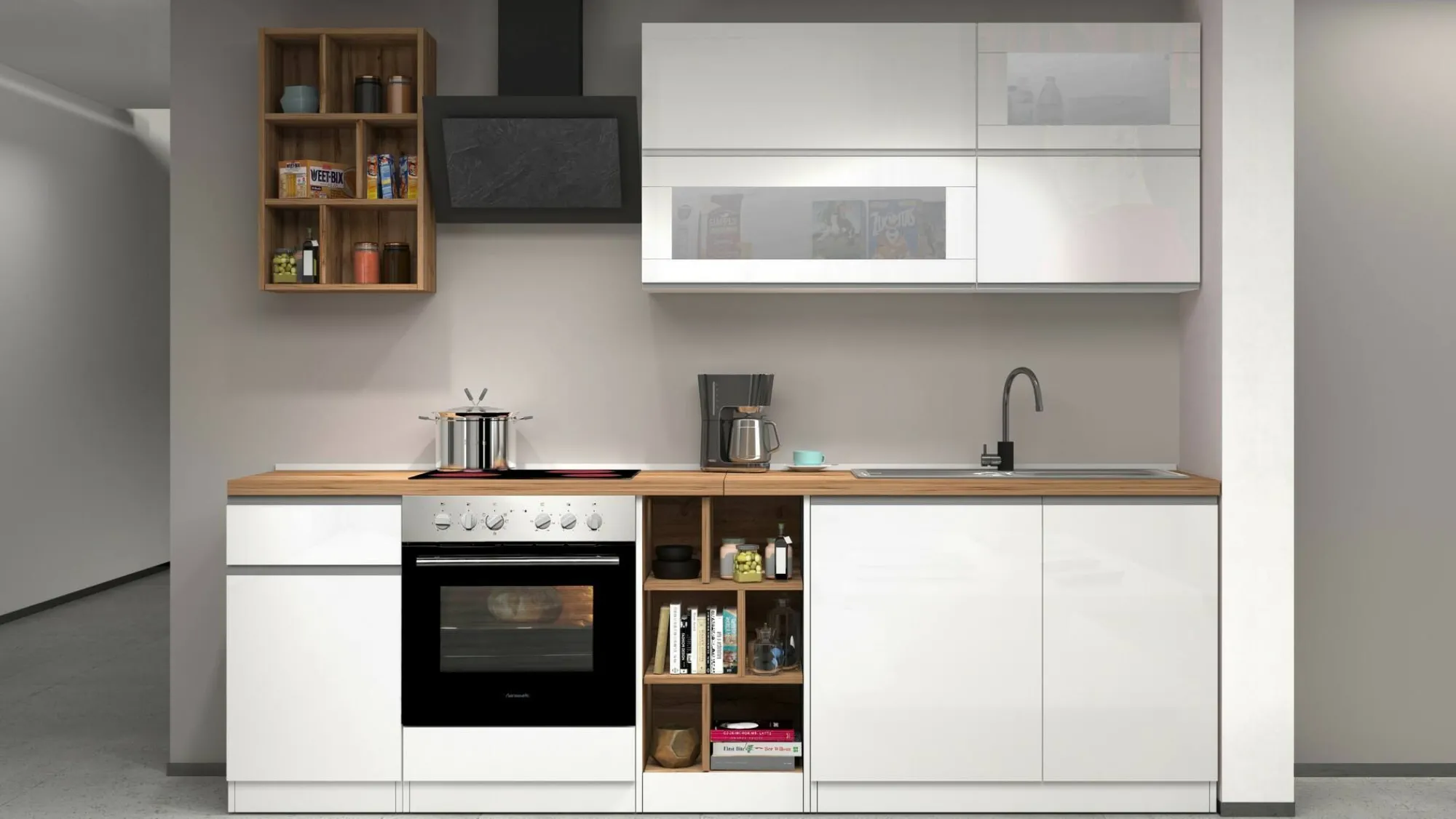 Cucina completa Fonti, 255x60h85 cm, Bianco lucido e Rovere<Dmora Sale