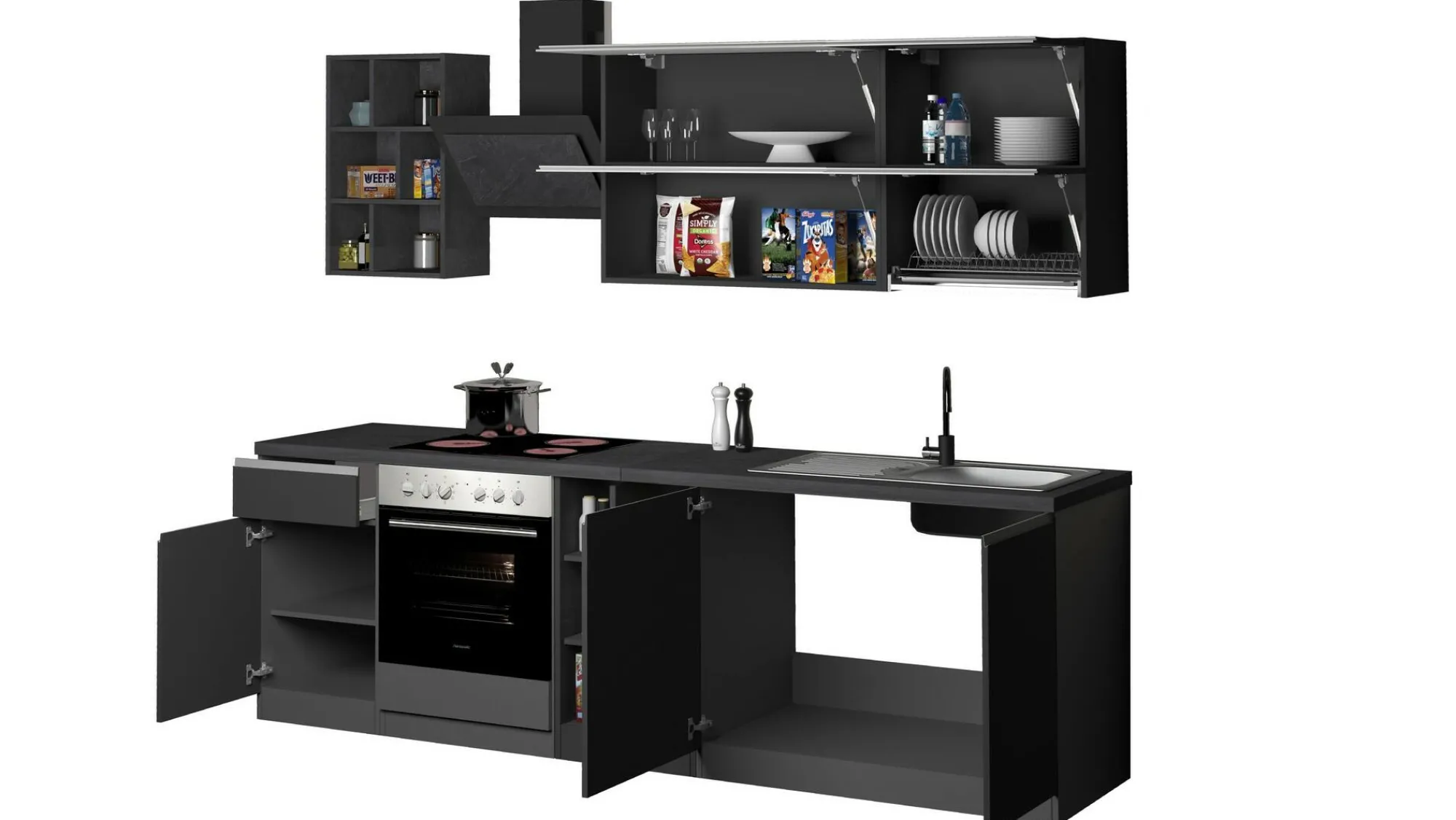 Cucina completa Fonti, 255x60h85 cm, Antracite e Ardesia<Dmora Sale