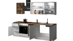Cucina completa Fonti, 255x60h85 cm, Bianco lucido e Rovere<Dmora Sale
