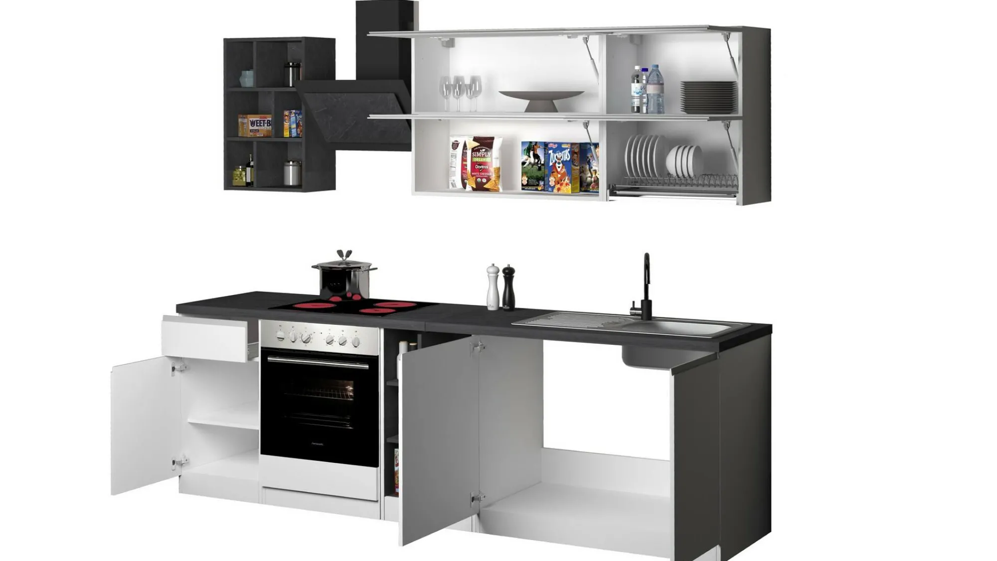 Cucina completa Fonti, 255x60h85 cm, Bianco lucido e Ardesia<Dmora Flash Sale