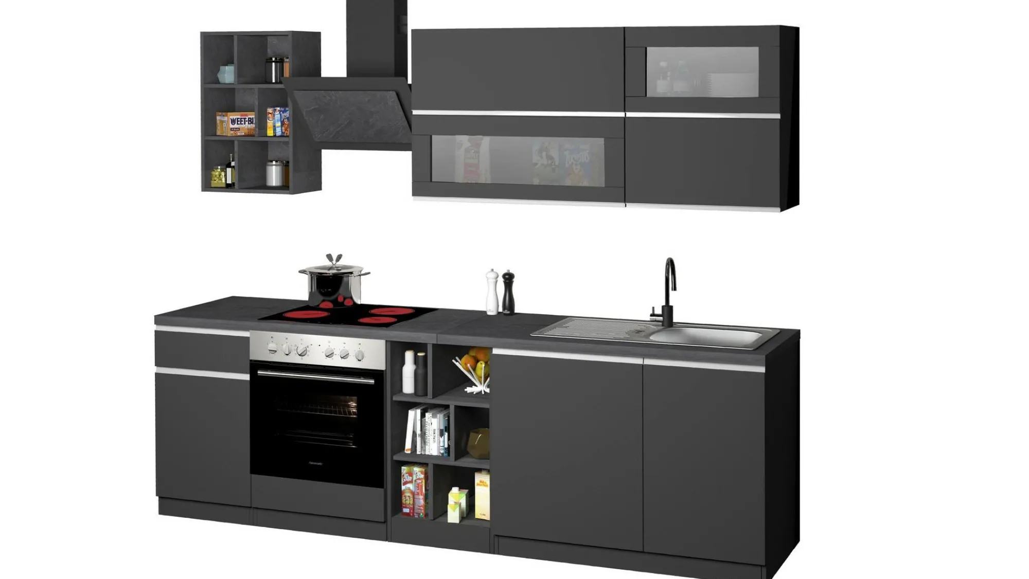 Cucina completa Fonti, 255x60h85 cm, Antracite e Ardesia<Dmora Sale