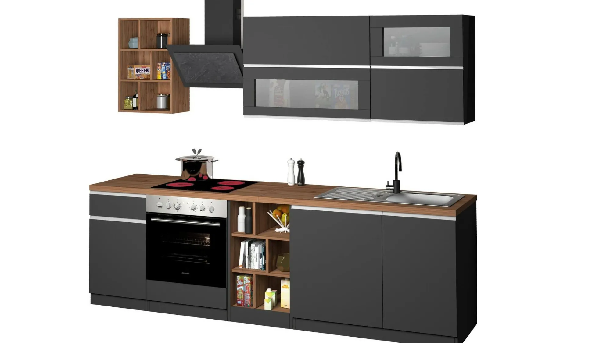 Cucina completa Fonti, 255x60h85 cm, Antracite e Rovere<Dmora Store