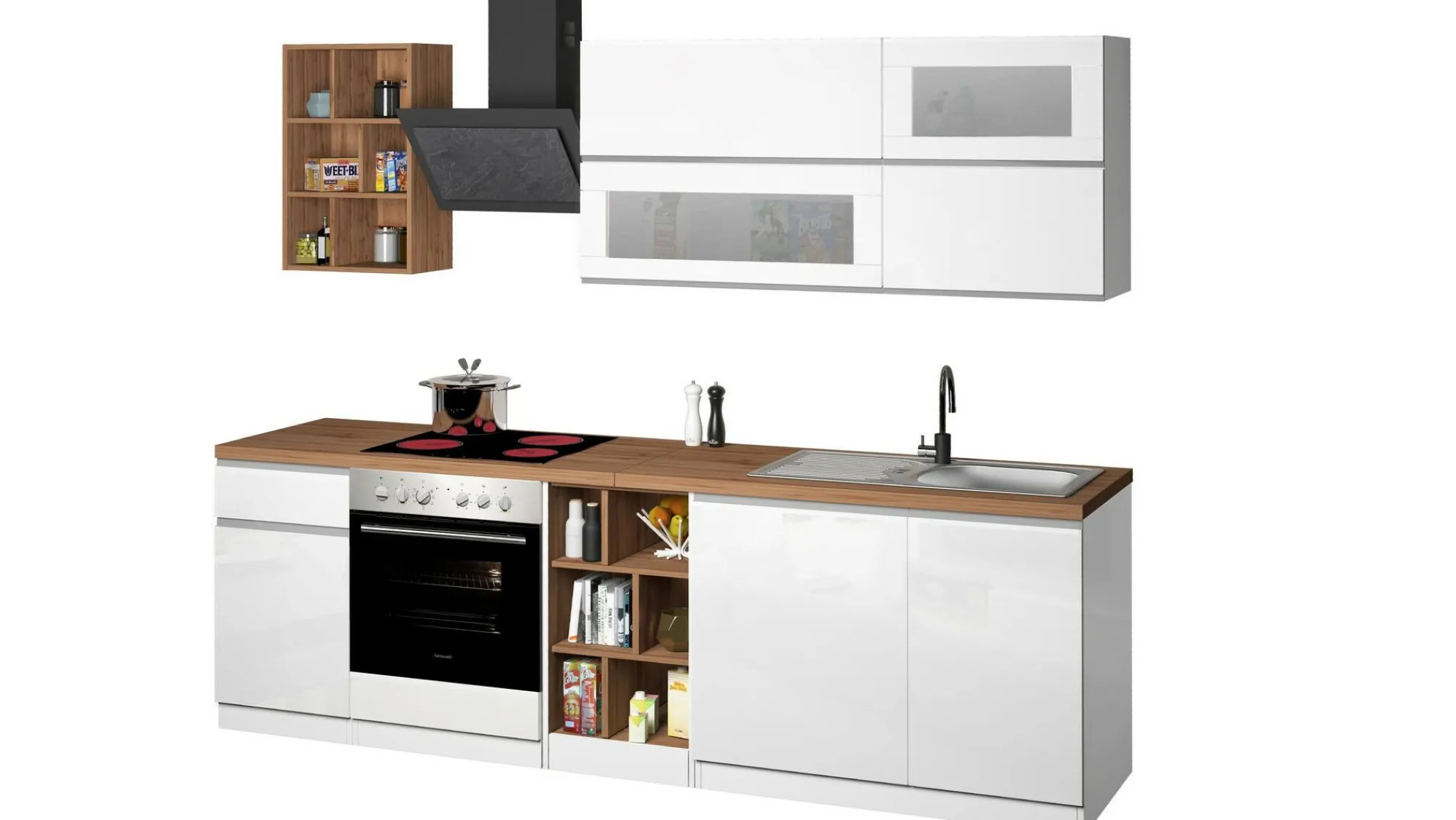 Cucina completa Fonti, 255x60h85 cm, Bianco lucido e Rovere<Dmora Sale