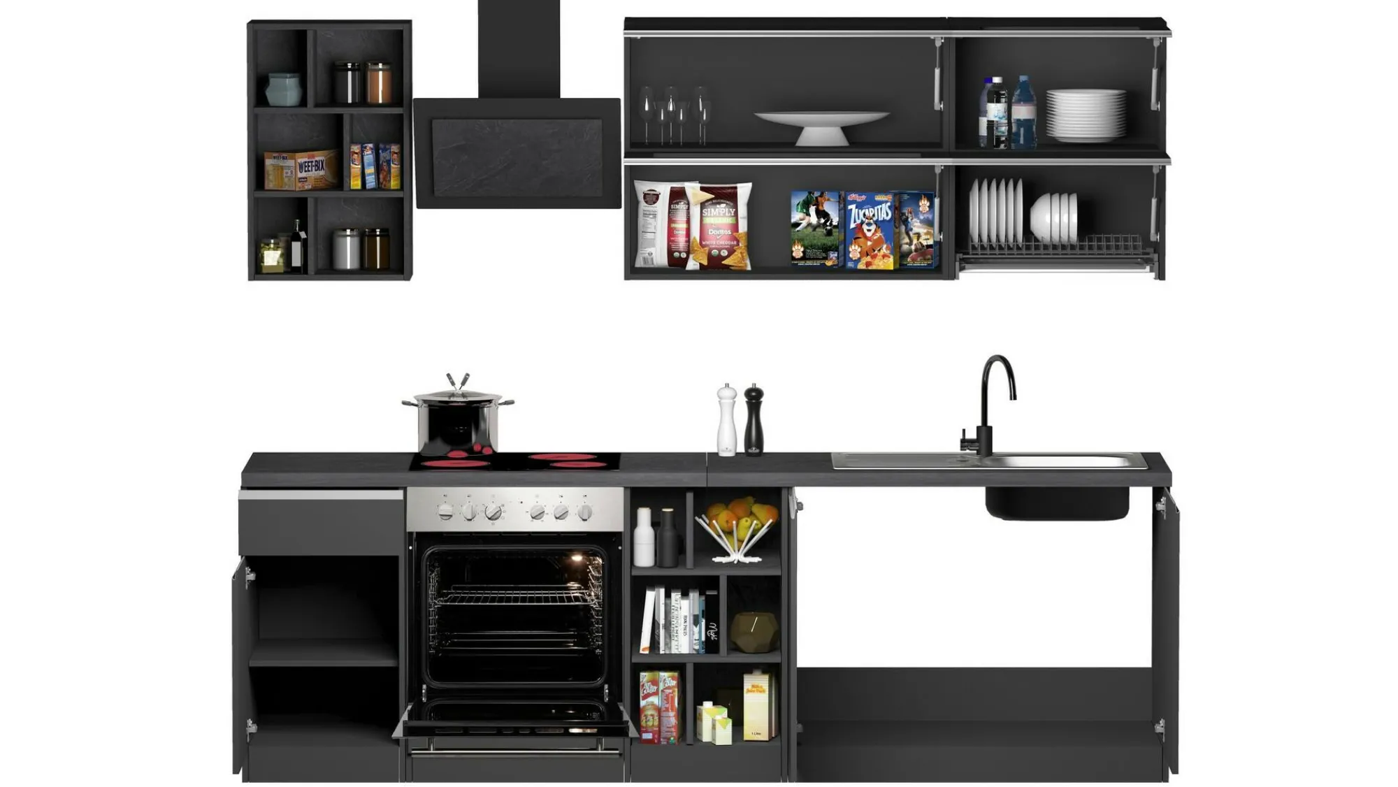 Cucina completa Fonti, 255x60h85 cm, Antracite e Ardesia<Dmora Sale