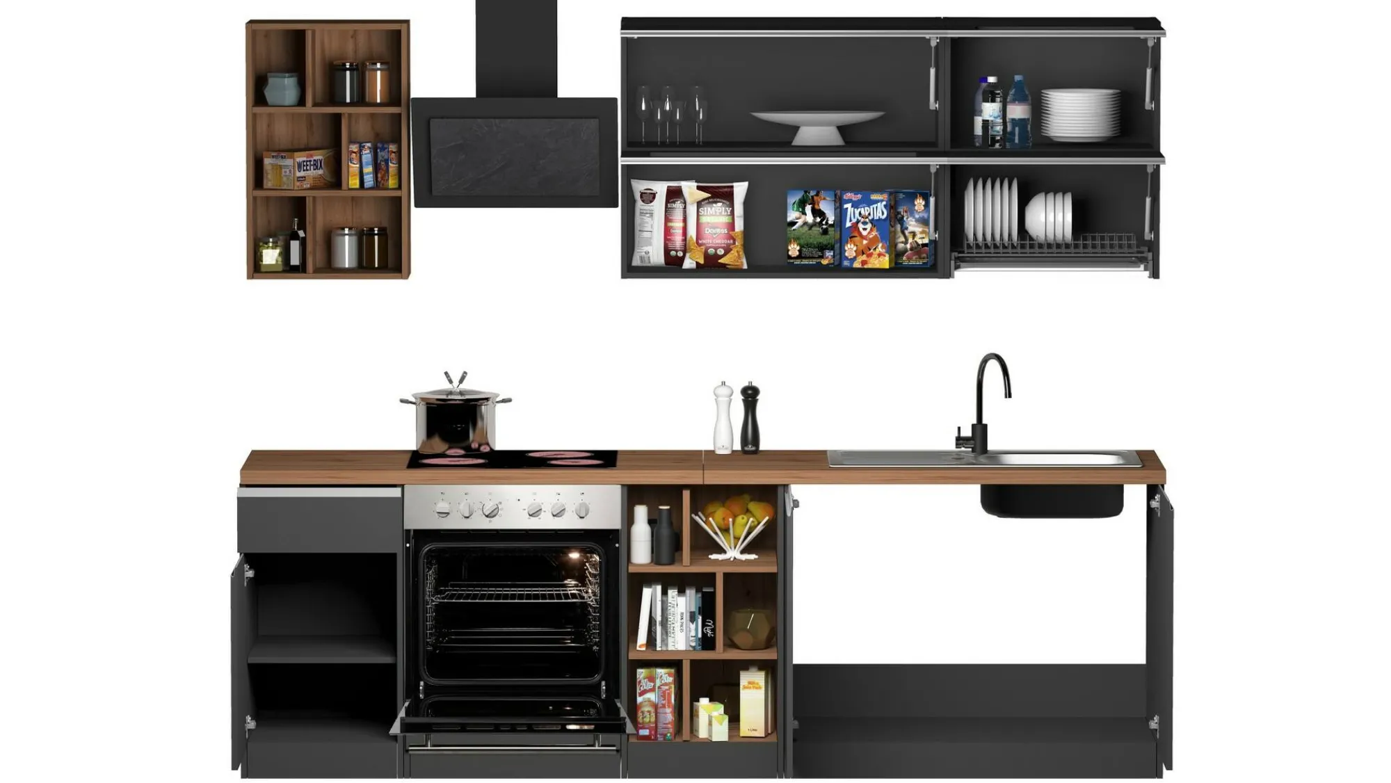 Cucina completa Fonti, 255x60h85 cm, Antracite e Rovere<Dmora Store