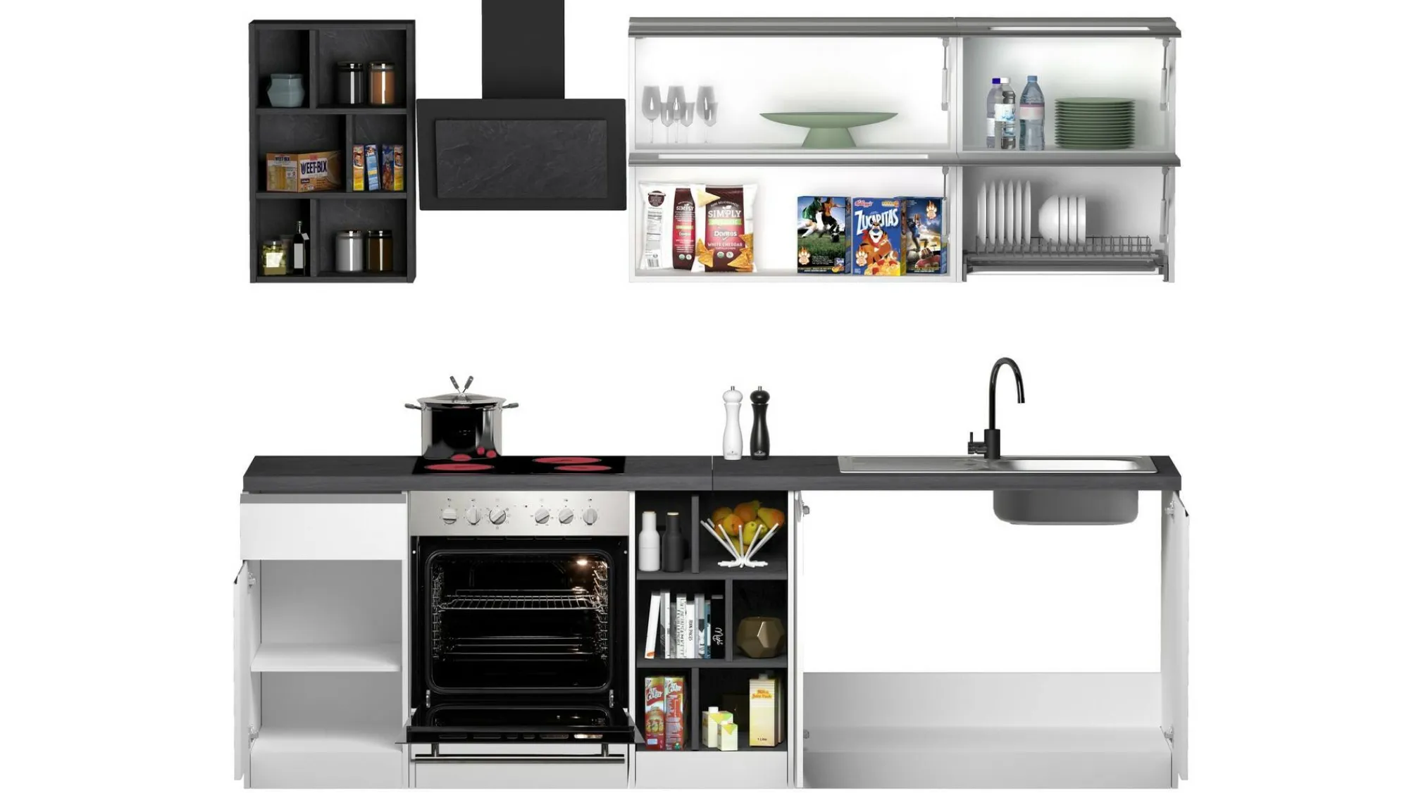 Cucina completa Fonti, 255x60h85 cm, Bianco lucido e Ardesia<Dmora Flash Sale