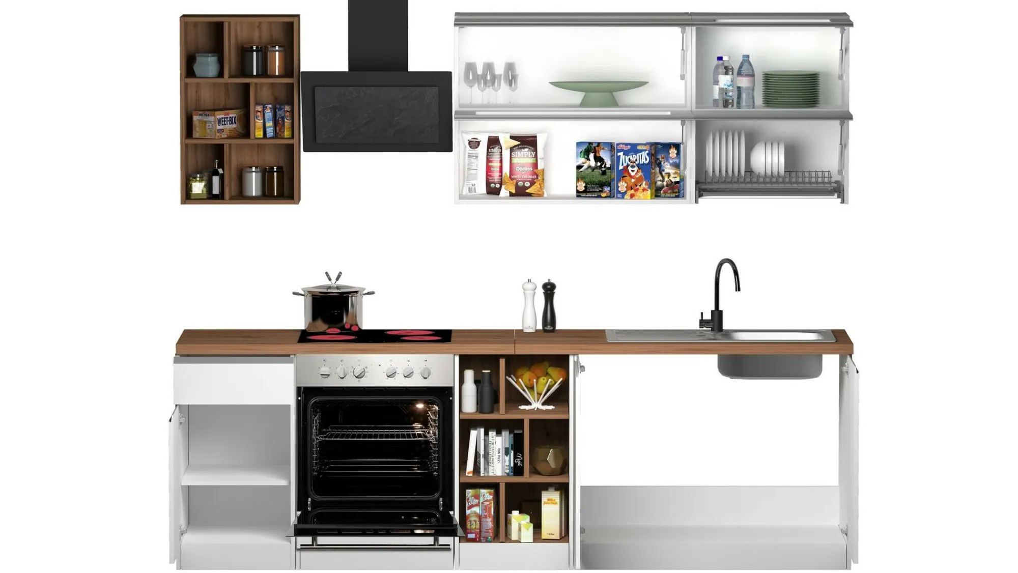 Cucina completa Fonti, 255x60h85 cm, Bianco lucido e Rovere<Dmora Sale