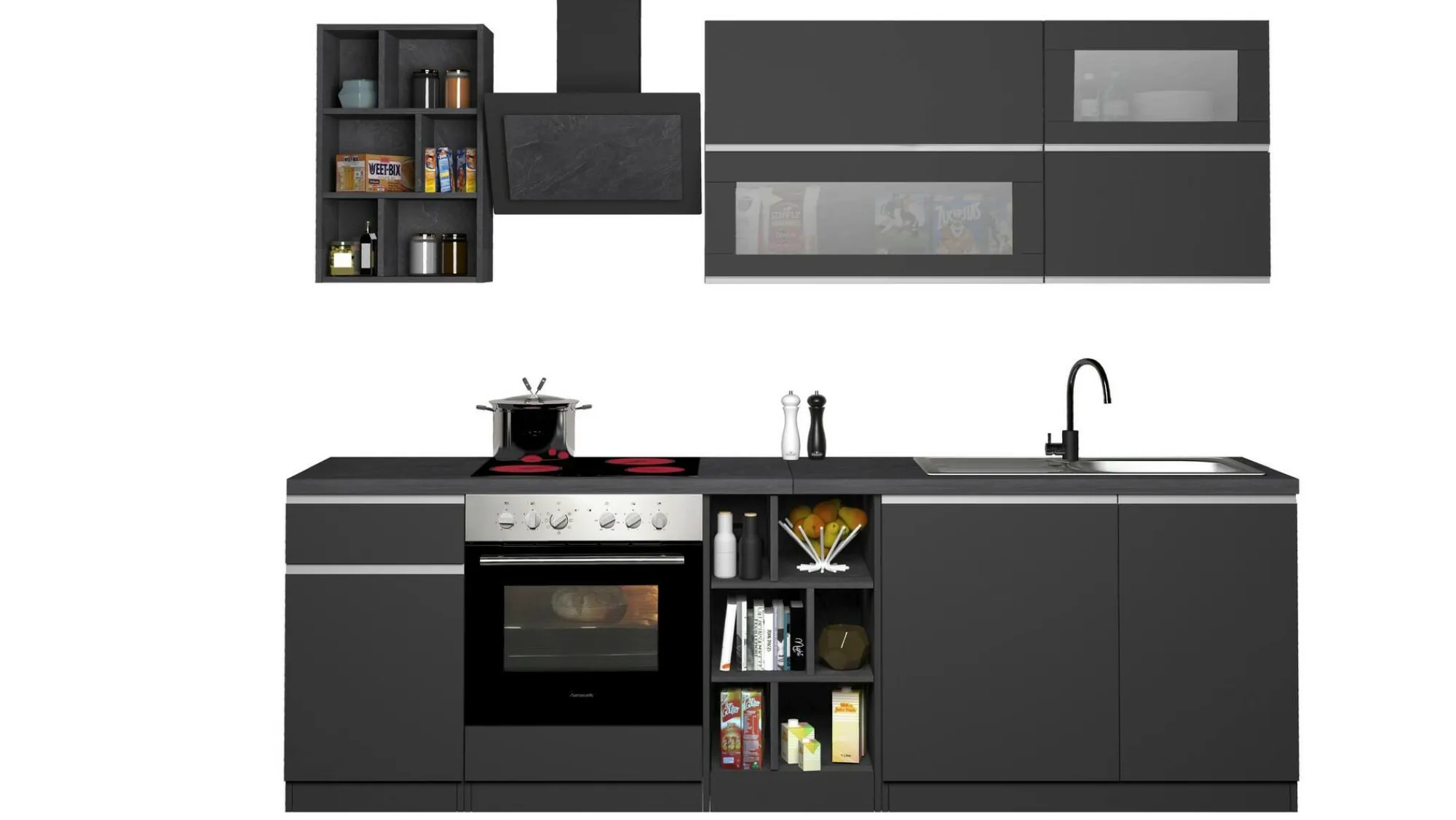 Cucina completa Fonti, 255x60h85 cm, Antracite e Ardesia<Dmora Sale